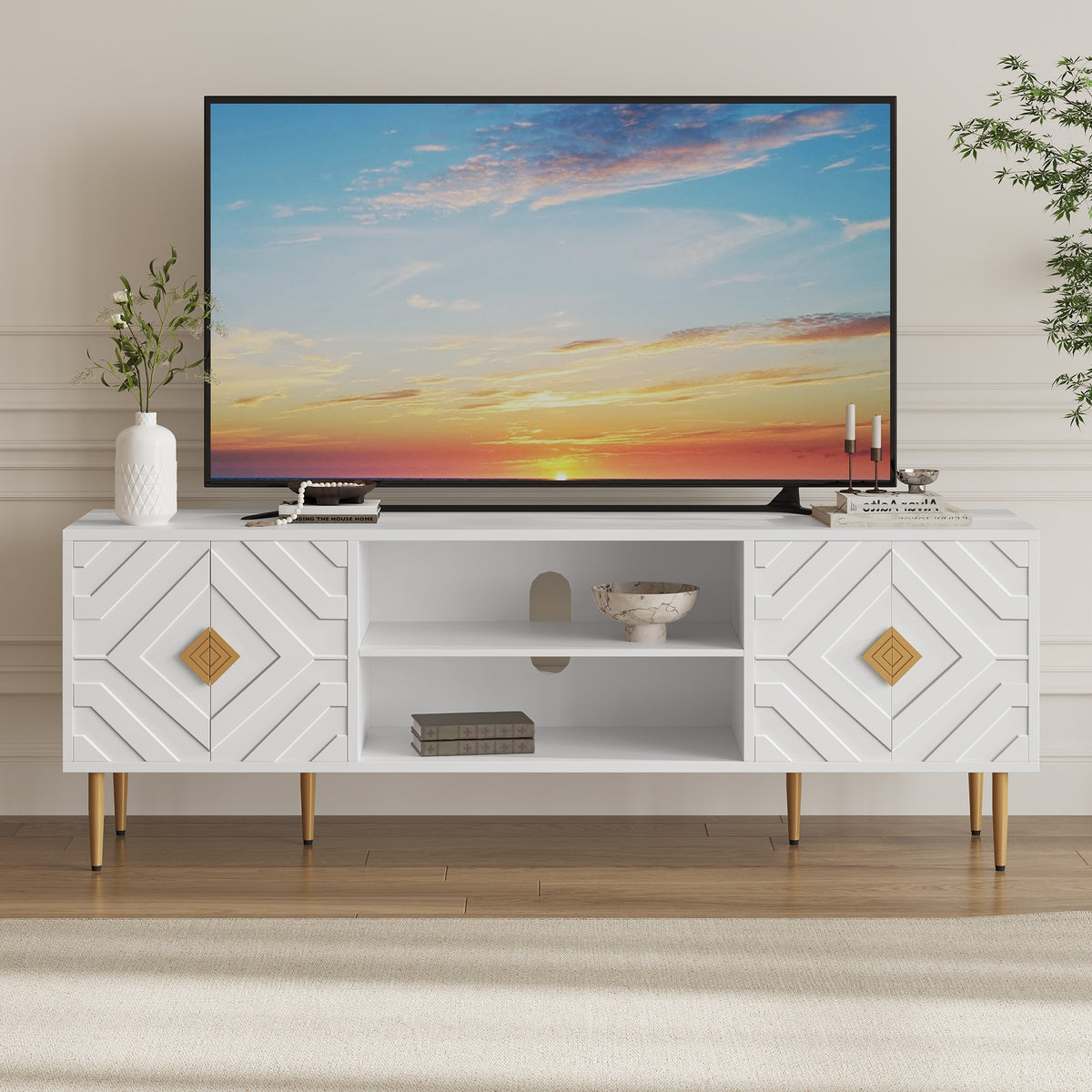 HLR Modern 70" TV Stand, for TVs up to 80", Living Room Entertainment Center with 4 Door Storage Cabinet, White