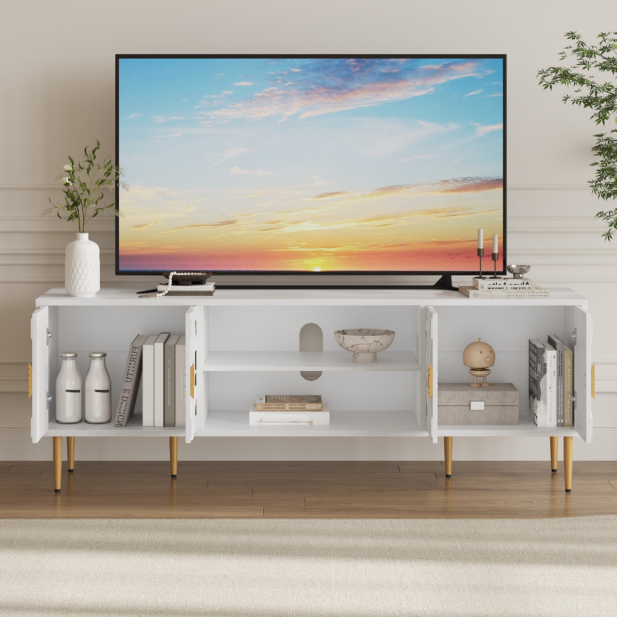 HLR Modern 70" TV Stand, for TVs up to 80", Living Room Entertainment Center with 4 Door Storage Cabinet, White