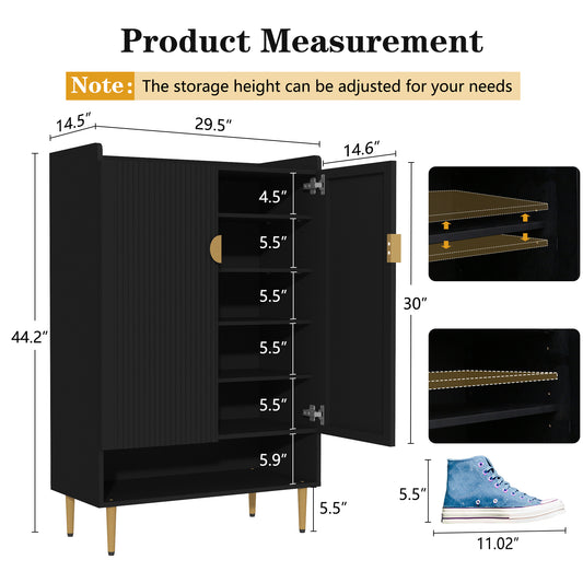 CBJCBJ 7-Tier Shoe Cabinet Storage with 2 Door and Adjustable Shelves Wood Shoes Rack for Entryway, Black