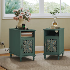CBJCBJ Retro Carved Nightstands Set of 2 with Socket, Side Tables with Open Compartment and Storage, End Tables for Living Room，Green