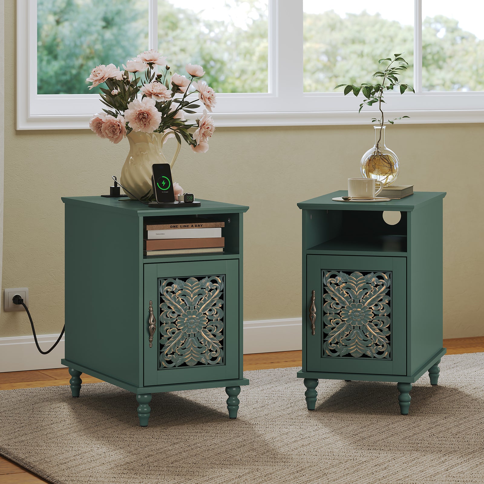 CBJCBJ Retro Carved Nightstands Set of 2 with Socket, Side Tables with Open Compartment and Storage, End Tables for Living Room，Green