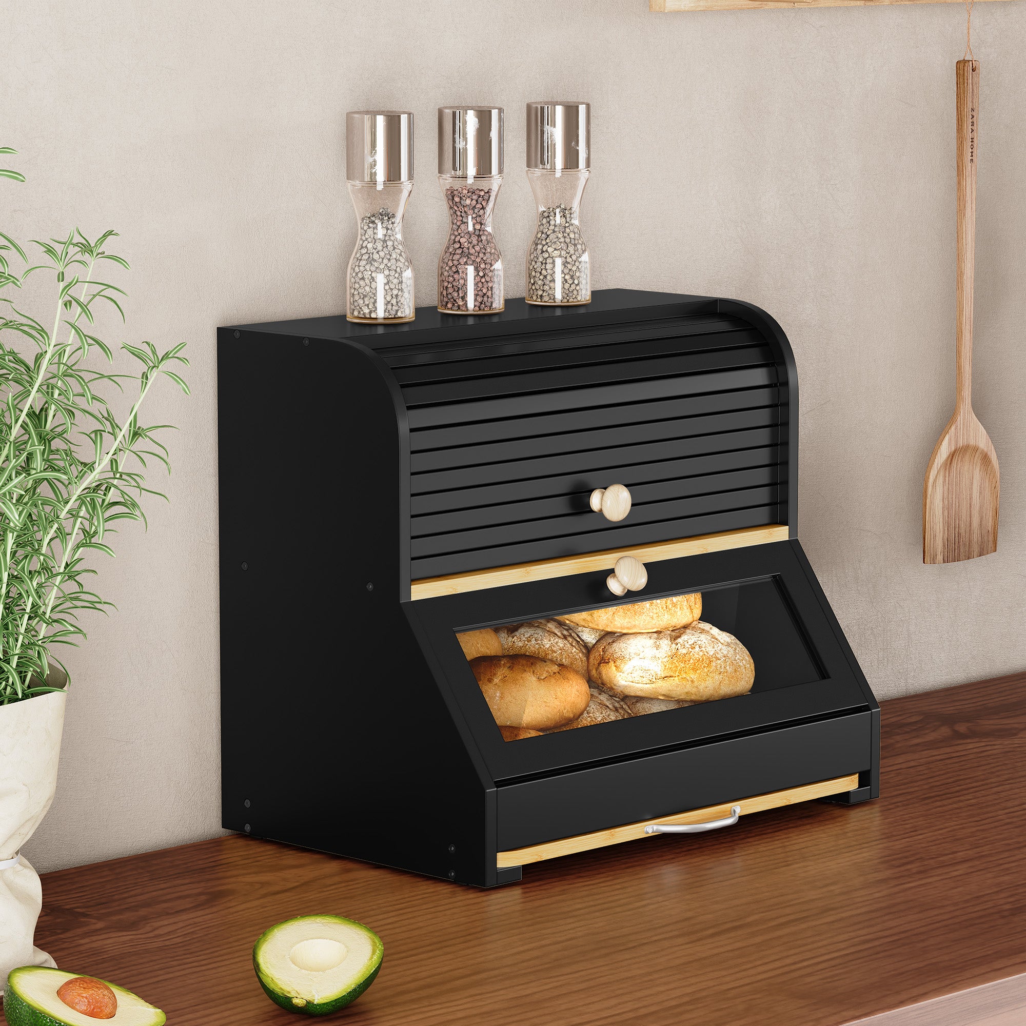 HLR Natural Bamboo Bread Box Kitchen Countertop with Cutting Board and Roll Top, Black 2-Tier Large Wood Bread Bin