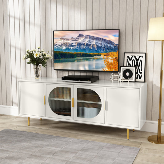 CBJCBJ 66" TV up to 75" Stand for Living Room, Entertainment Center with Glass Storage Cabinet,White
