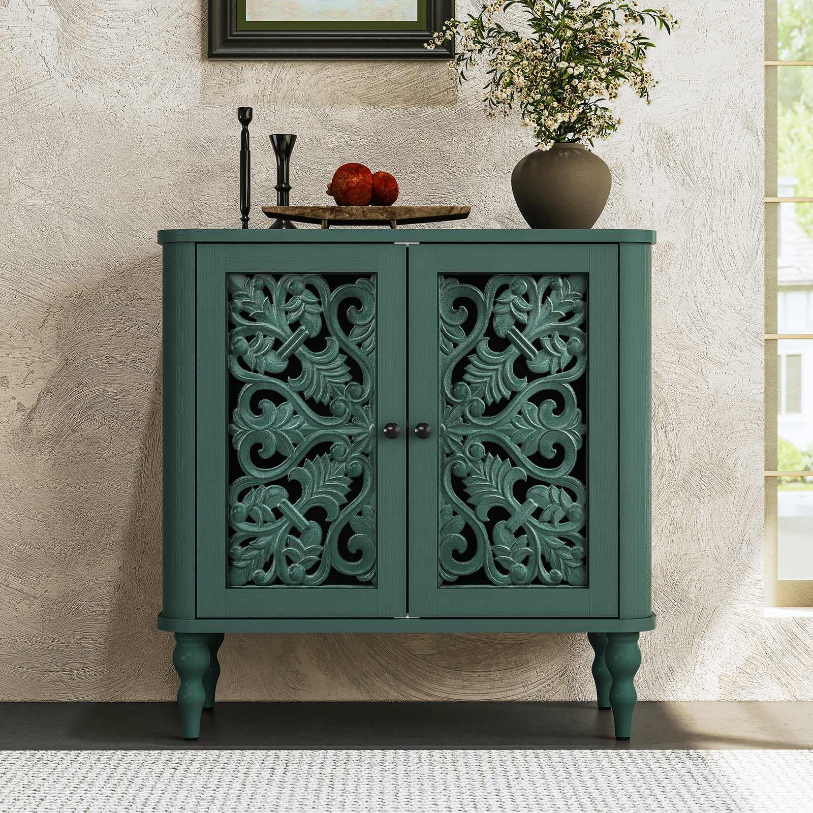 HLR 31.5"W Mid Century Rounded Corners Sideboards Buffets Cabinet with 2 Doors Storage for Kitchen Dining, Green