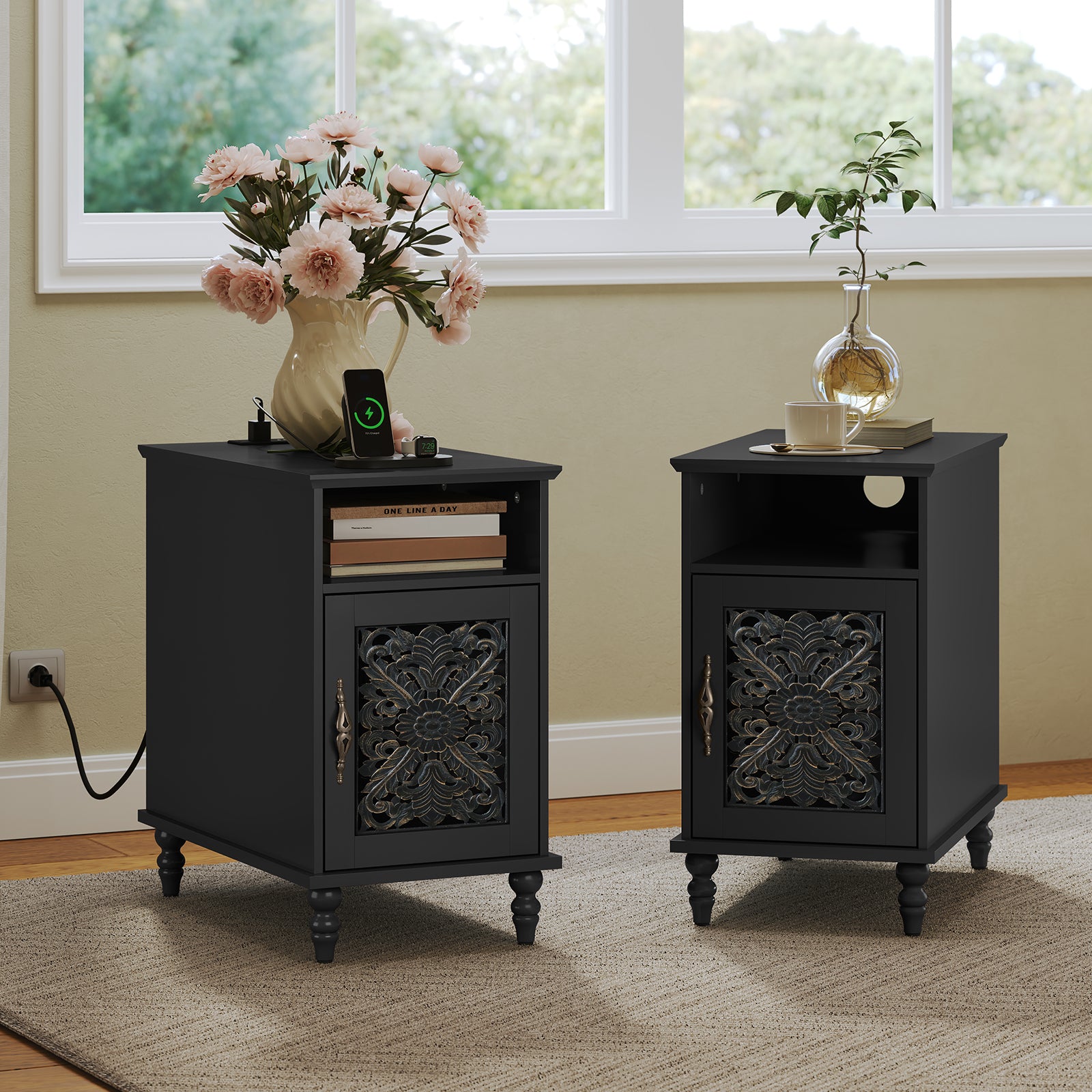 HLR 13.77" Nightstand with Charging Station, Modern Black End / BedSide Table for Living Room