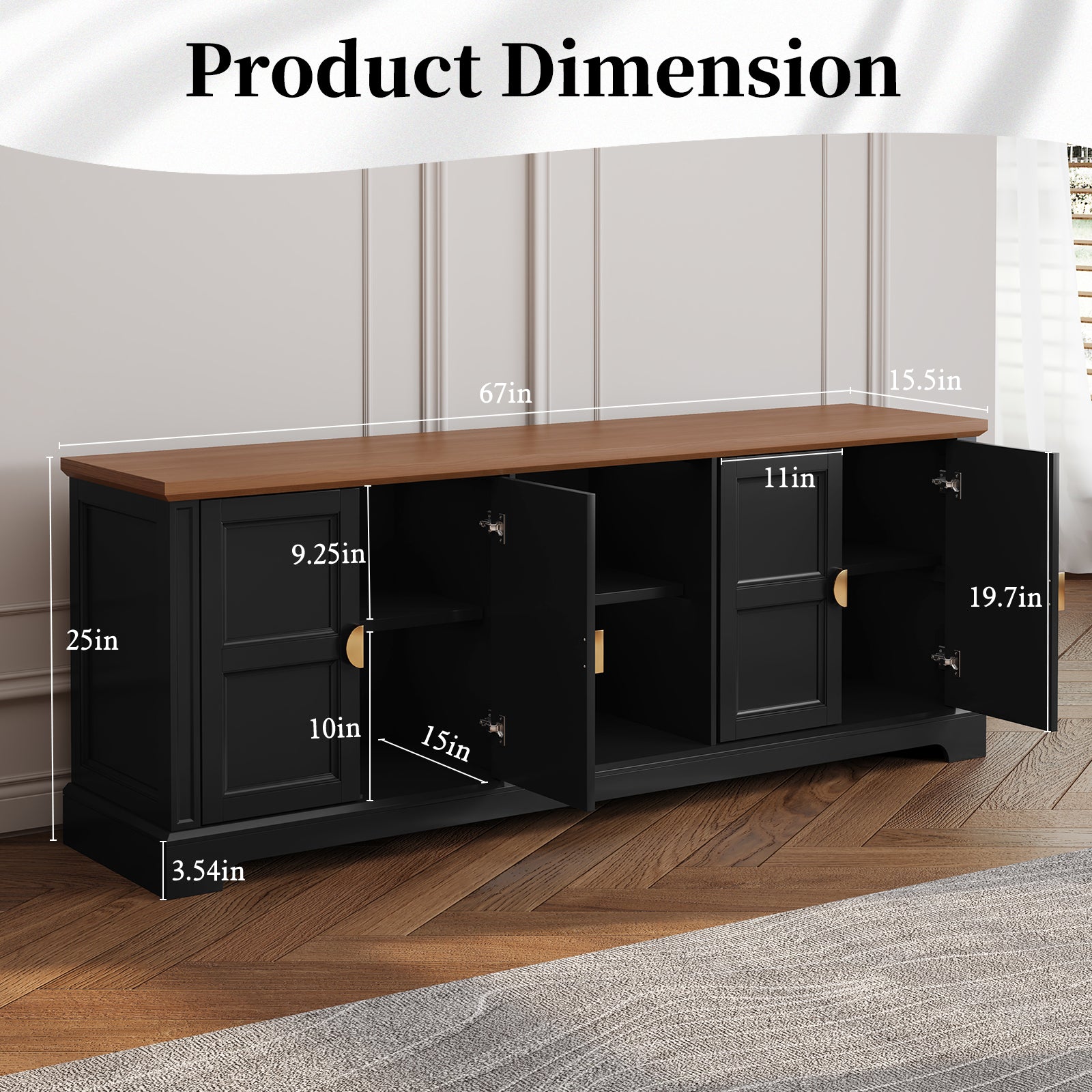 HLR Black 67" Modern Farmhouse TV Stand, Wood Entertainment Center for 75 In TV for Living Room