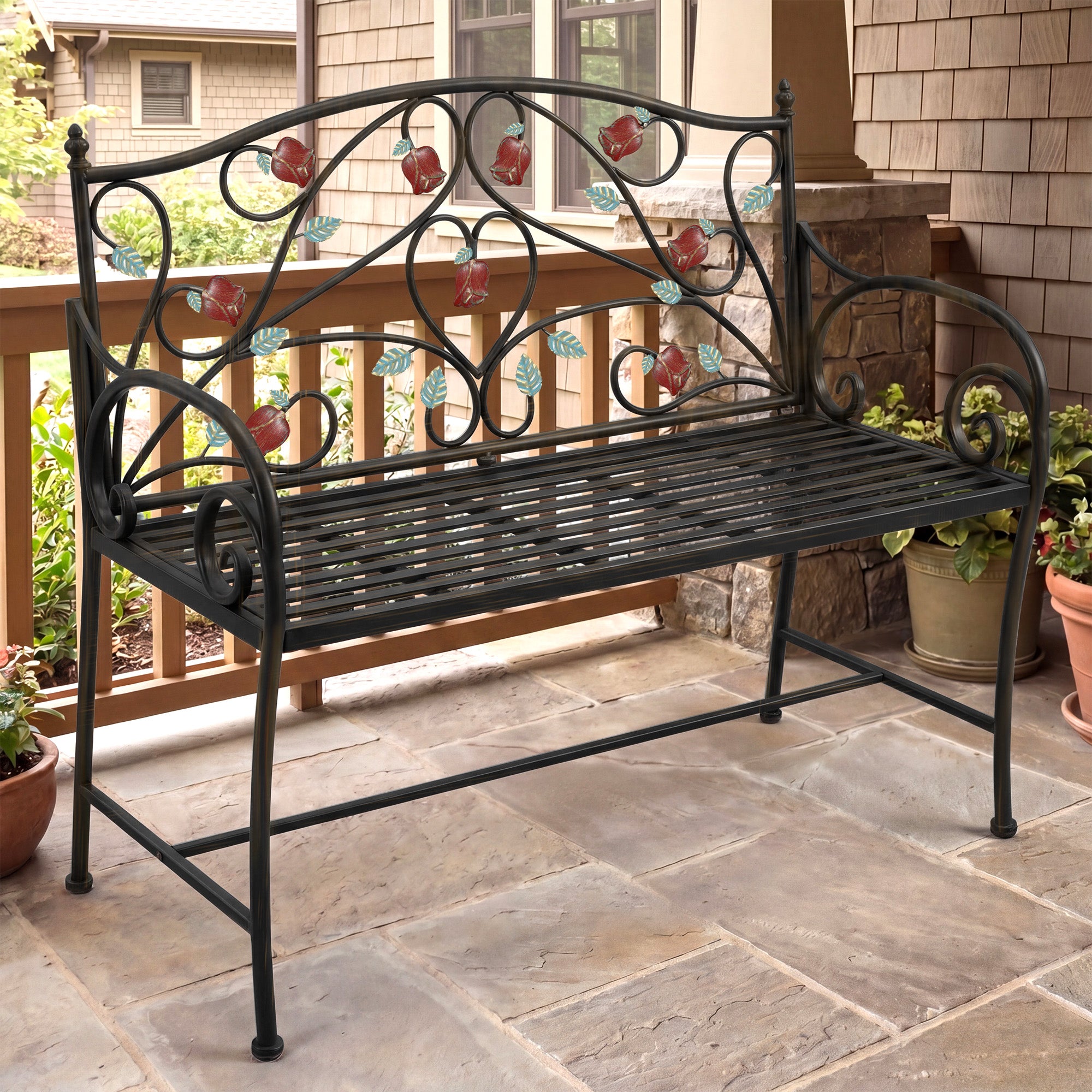 HLR Farmhouse Outdoor Bench with Rose Pattern, 41.7'' Metal Frame Patio Garden Chair Cast Iron, Black