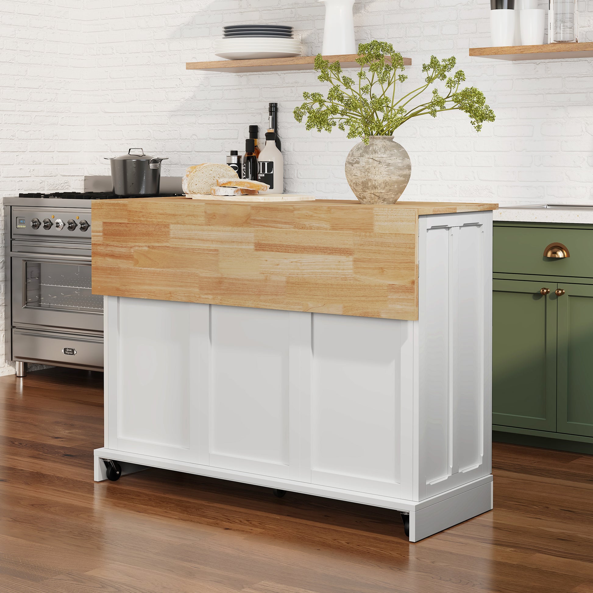 CBJCBJ 47.2" Modern Rolling Kitchen Island with Drop Leaf, Kitchen Cart with Storage, White