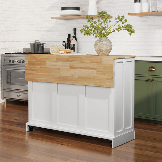 CBJCBJ 47.2" Modern Rolling Kitchen Island with Drop Leaf, Kitchen Cart with Storage, White