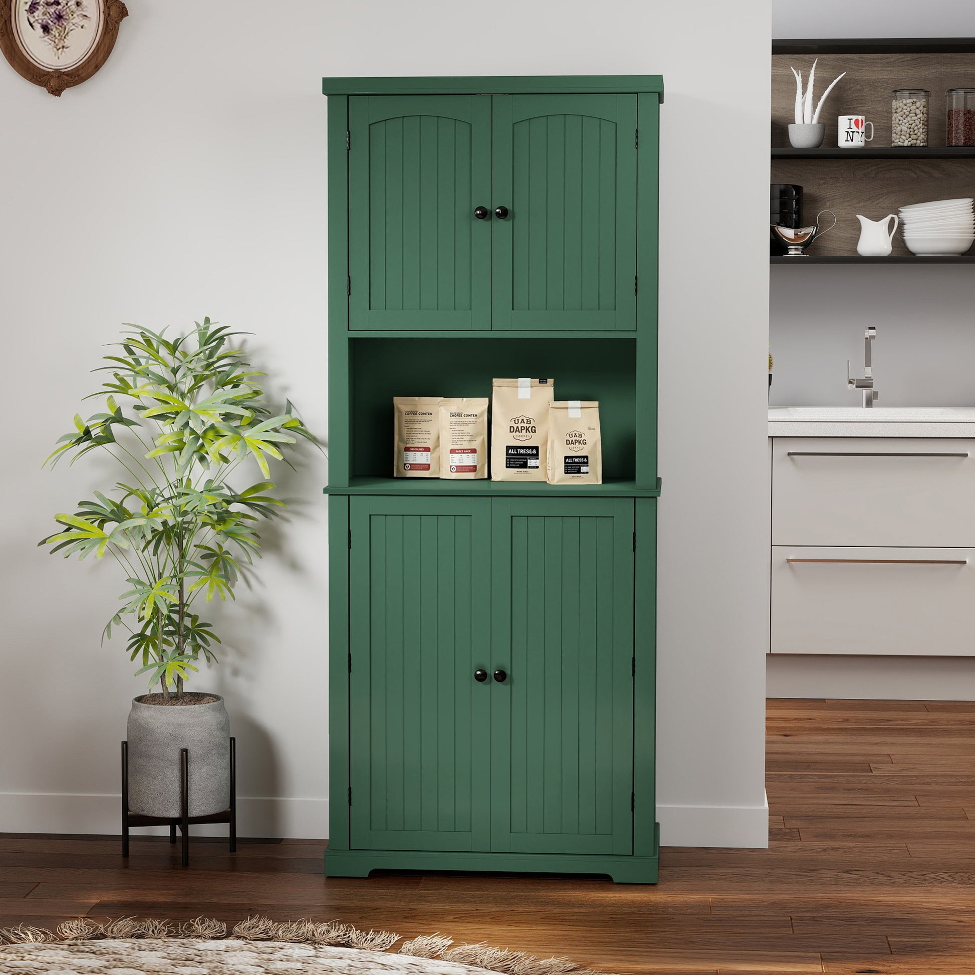 HLR 72" Kitchen Pantry Cabinet, Freestanding Pantry Storage Cabinet with Hutch & Shelves, Green