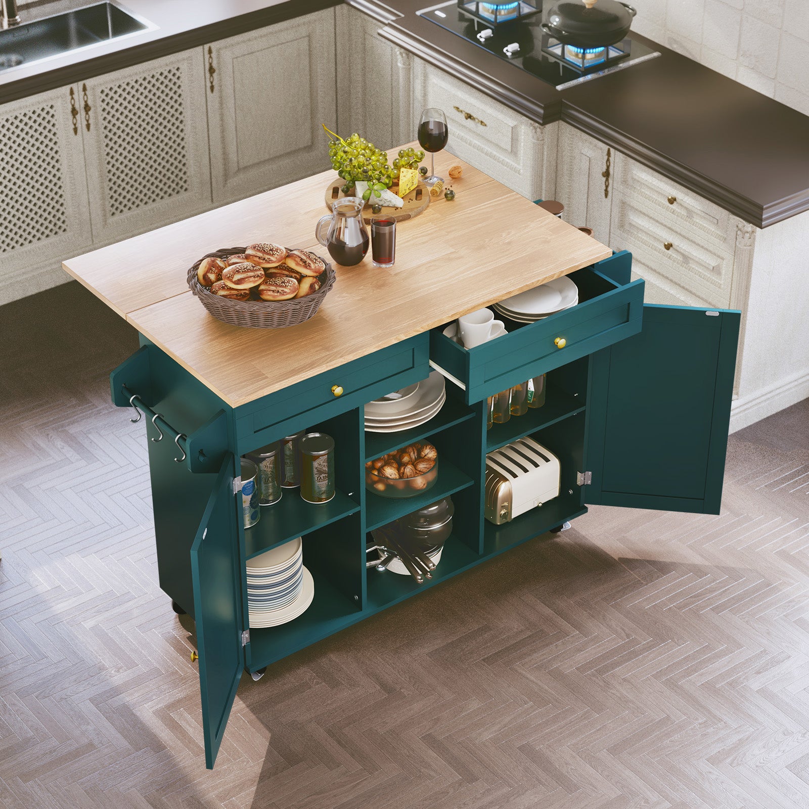 CBJCBJ 51.7" Rolling Kitchen Island Foldable, Adjustable Shelf & 2 Storage Doors - Mobile Kitchen Cart, Breakfast Bar with Storage (Green)