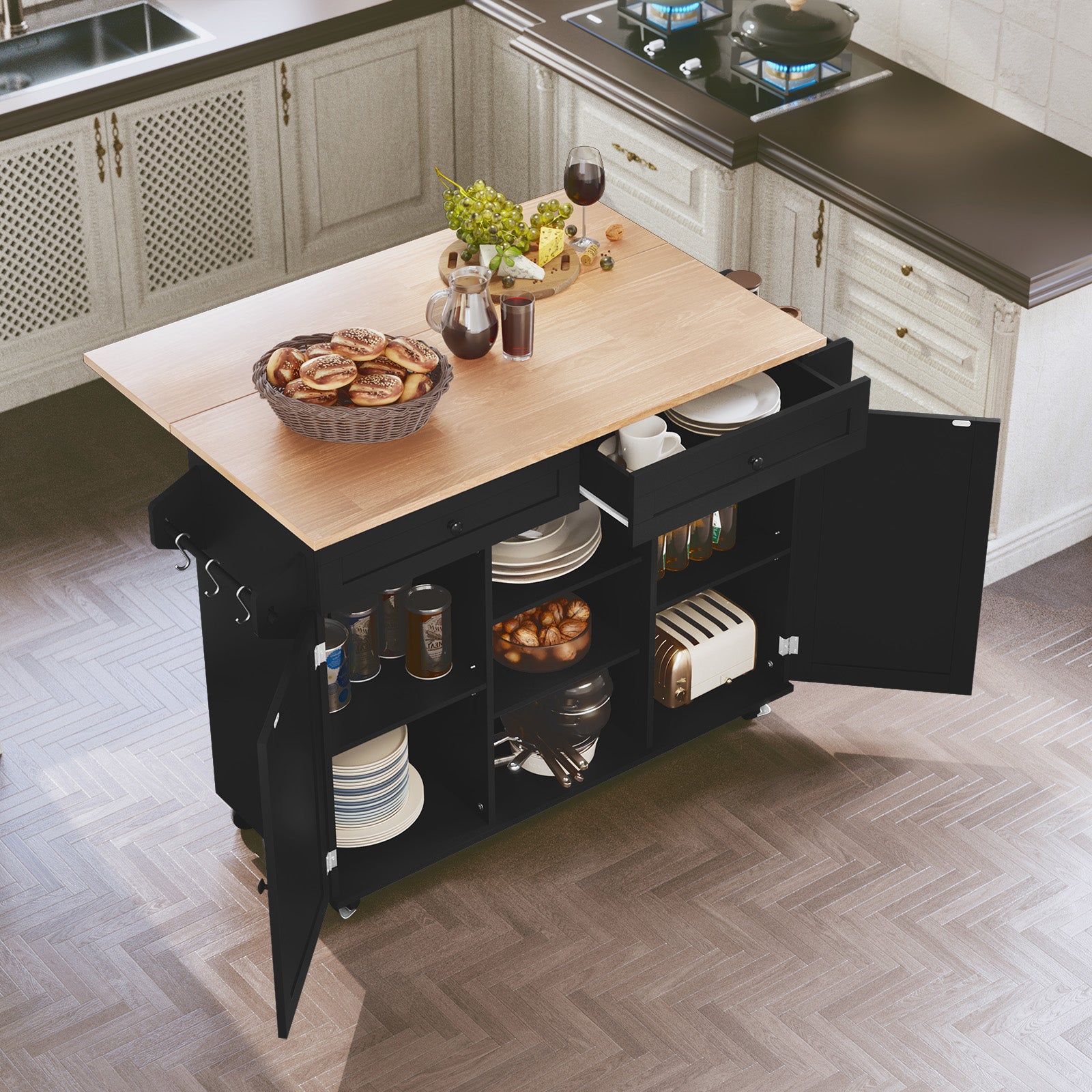 CBJCBJ 51.7" Rolling Kitchen Island Foldable, Adjustable Shelf & 2 Storage Doors - Mobile Kitchen Cart, Breakfast Bar with Storage (Black)