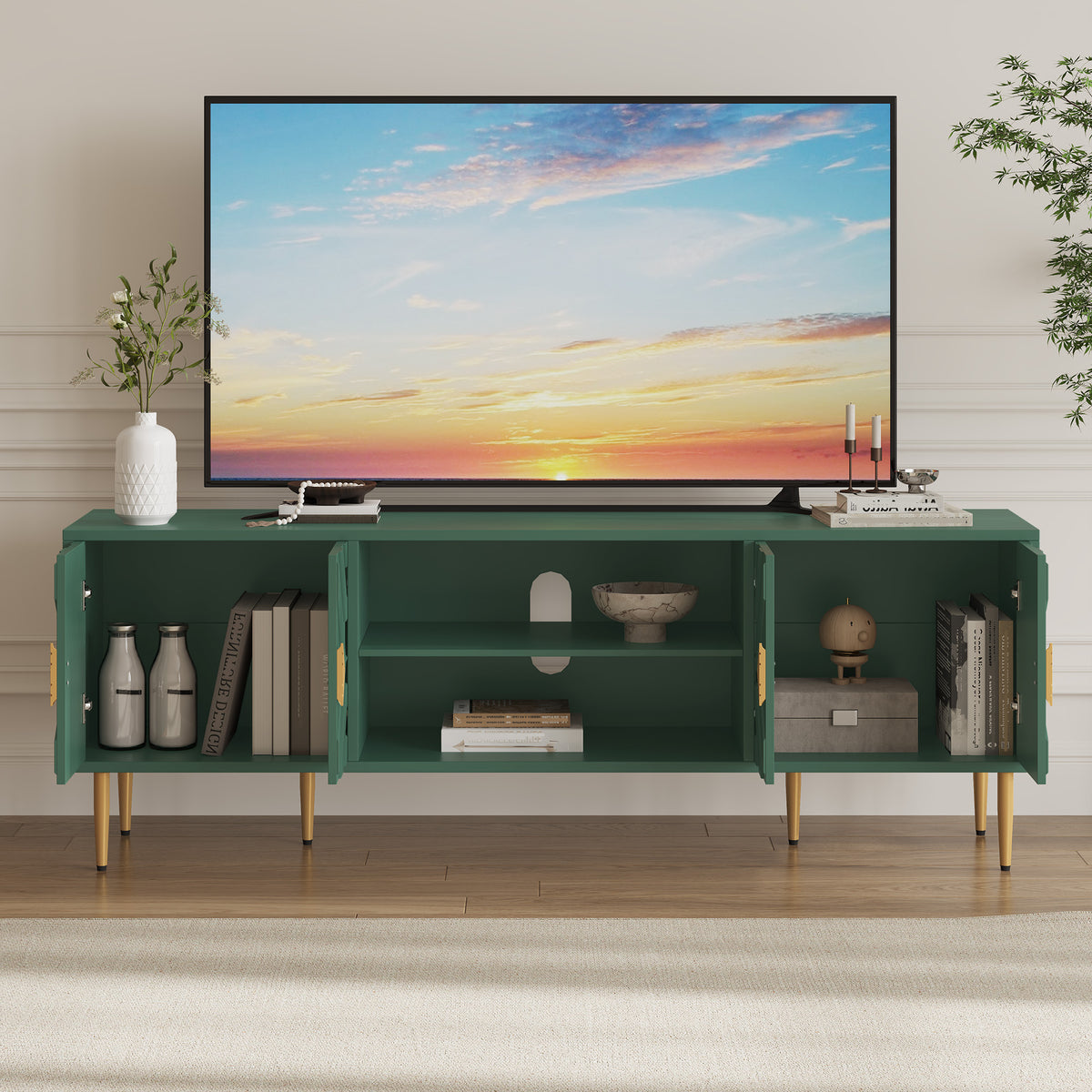 HLR Modern 70" TV Stand, for TVs up to 80", Living Room Entertainment Center with 4 Door Storage Cabinet, Green