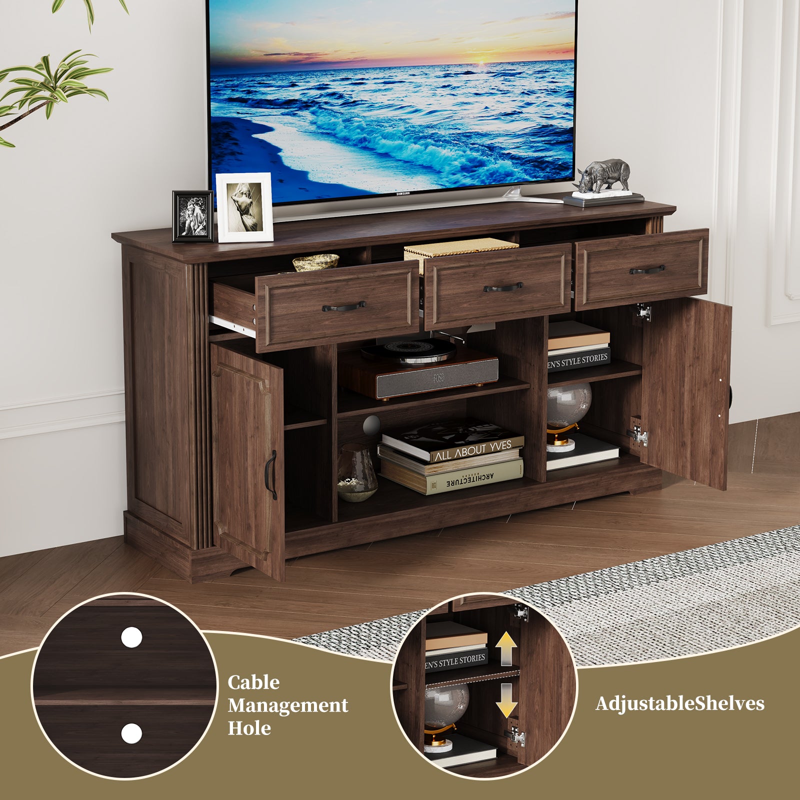 HLR Mid Century 60" TV Stand for TV up to 65", Entertainment Center with Drawers Storage for Living Room, Brown