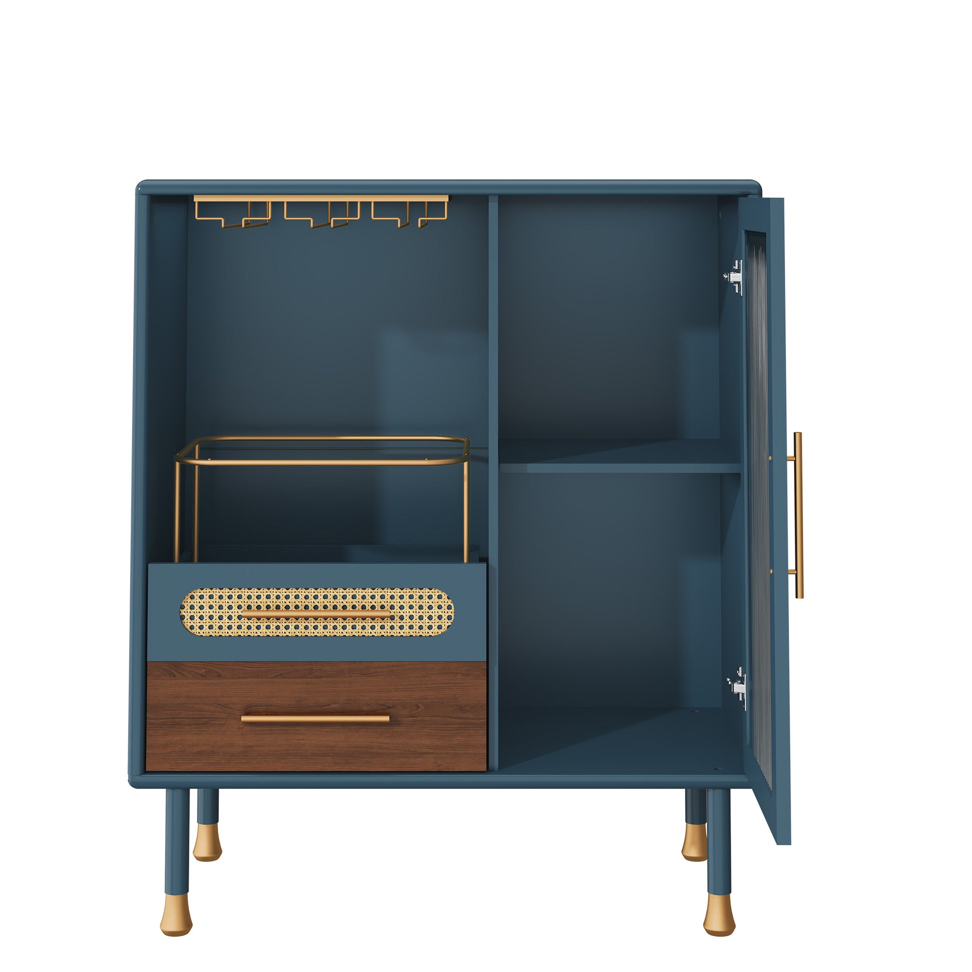 HLR 31.5"W Modern Wine Storage Cabinet with Pull-Out Rack & Tempered Glass Doors – Compact Coffee Bar for Kitchen, Dining Room, Apartment,Blue