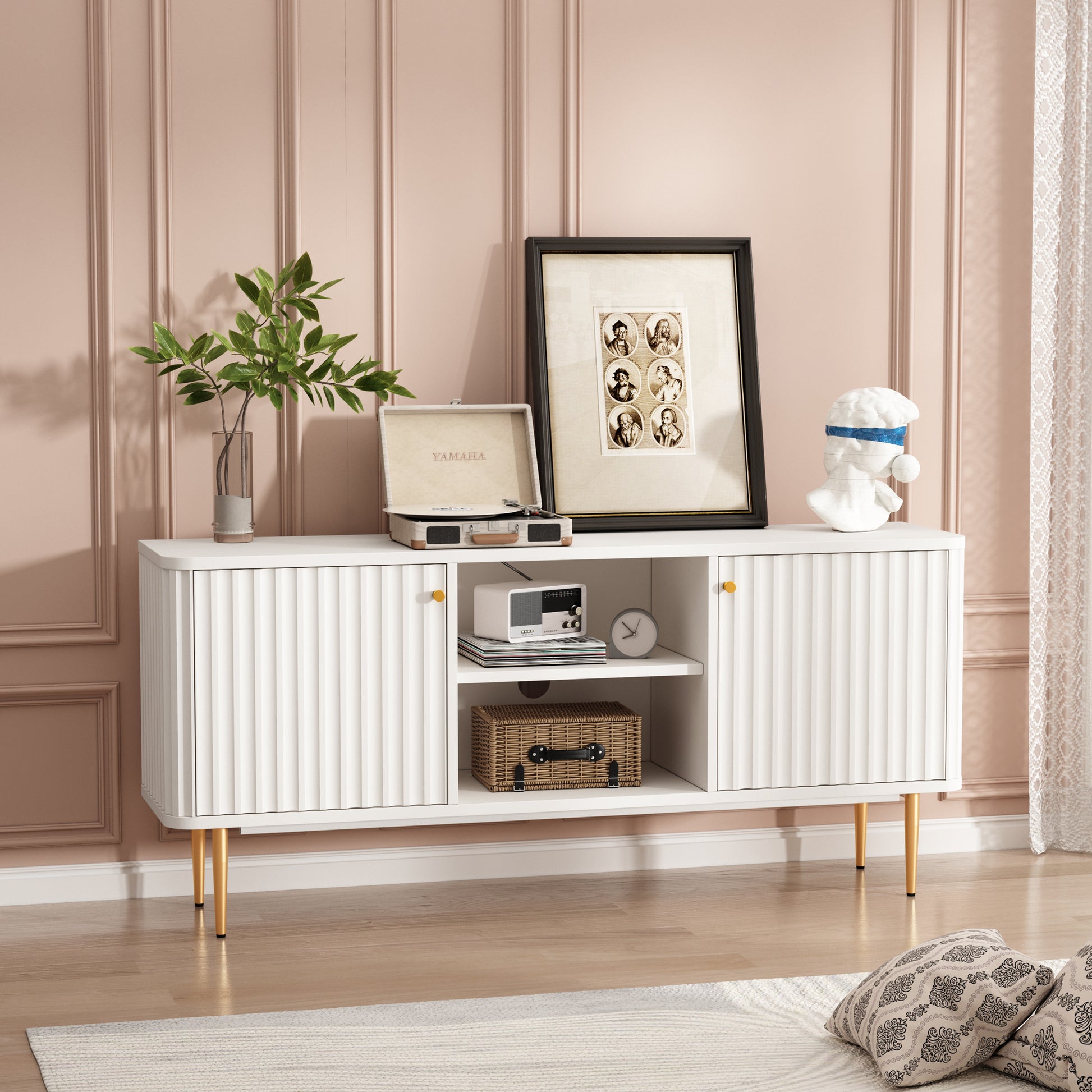 HLR Modern Fluted 55" TV Stand for 65 Inch TV with Storage, Entertainment Center for Living Room, White