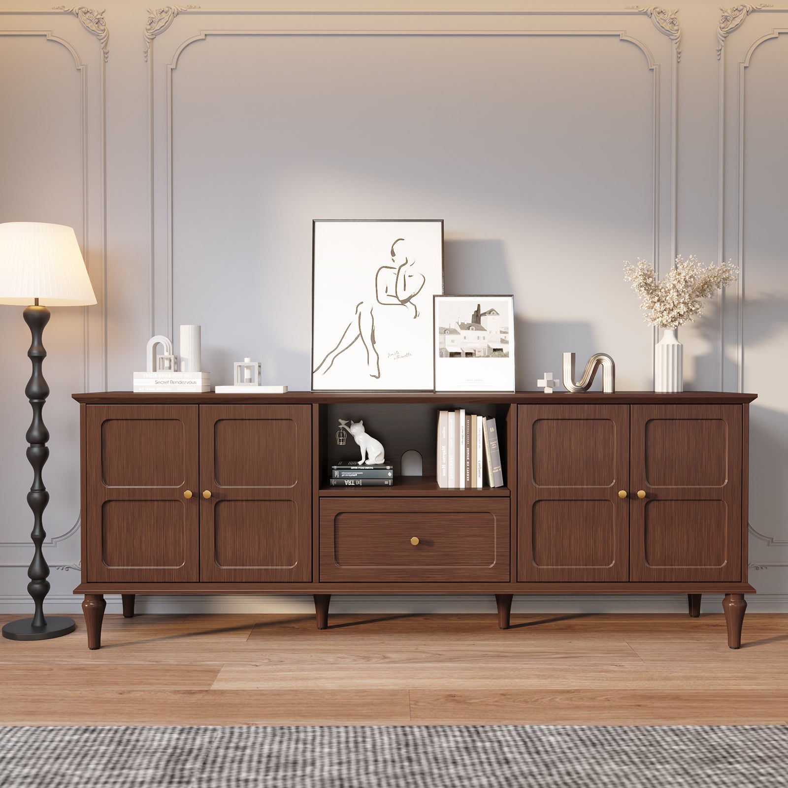 HLR Mid Century 67" TV Stand, for TVs up to 75", Living Room Entertainment Center with 4 Door Storage Cabinet, Brown