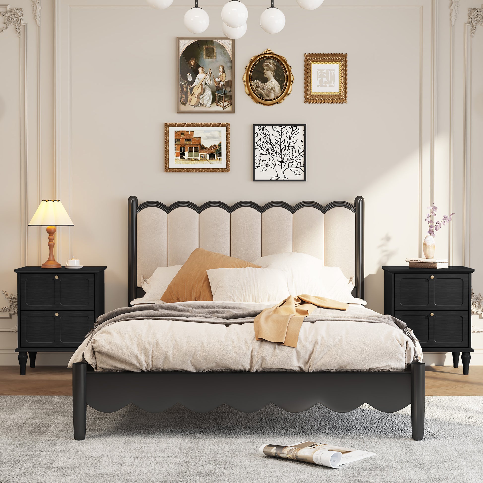 HLR 20" Mid Century Nightstands Set of 2 with Drawers, Wood Bedside Table End Table for Bedroom, Black
