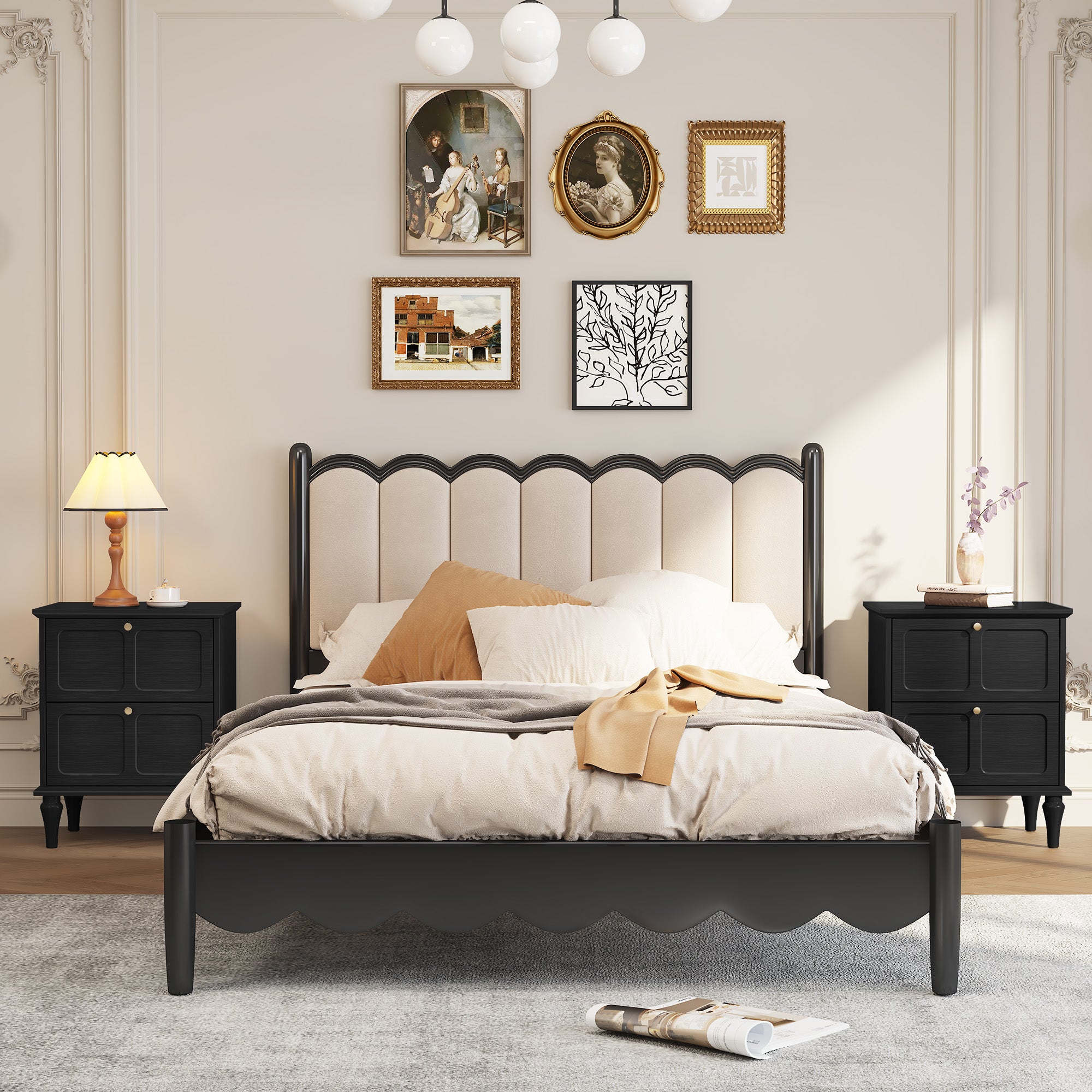 HLR 20" Mid Century Nightstands Set of 2 with Drawers, Wood Bedside Table End Table for Bedroom, Black