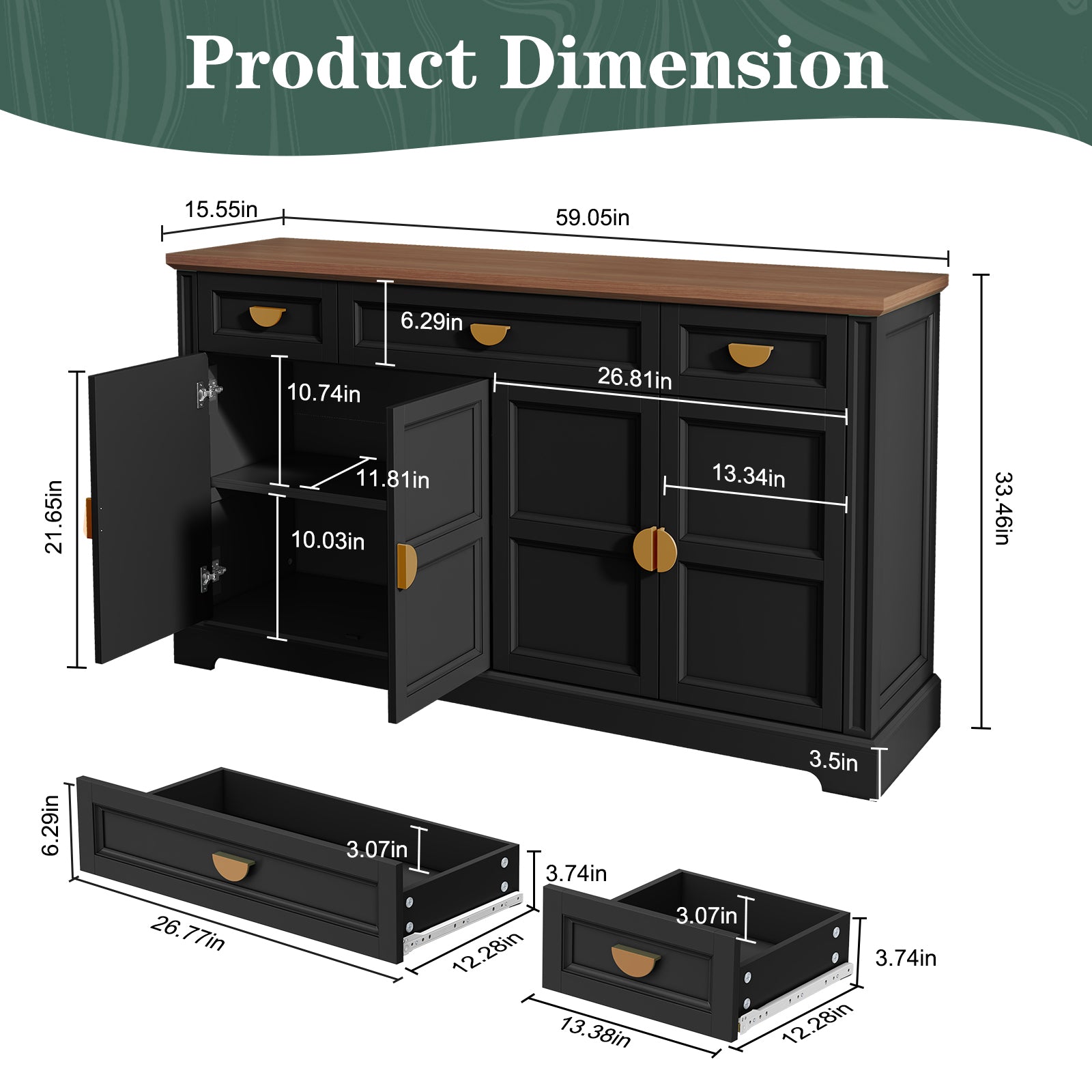 HLR® 60” Large Mid-Century Buffet Sideboard Cabinet