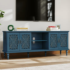 HLR Retro 67" TV Stand, for TVs up to 75", Living Room Entertainment Center with Carved Storage Cabinet, Blue