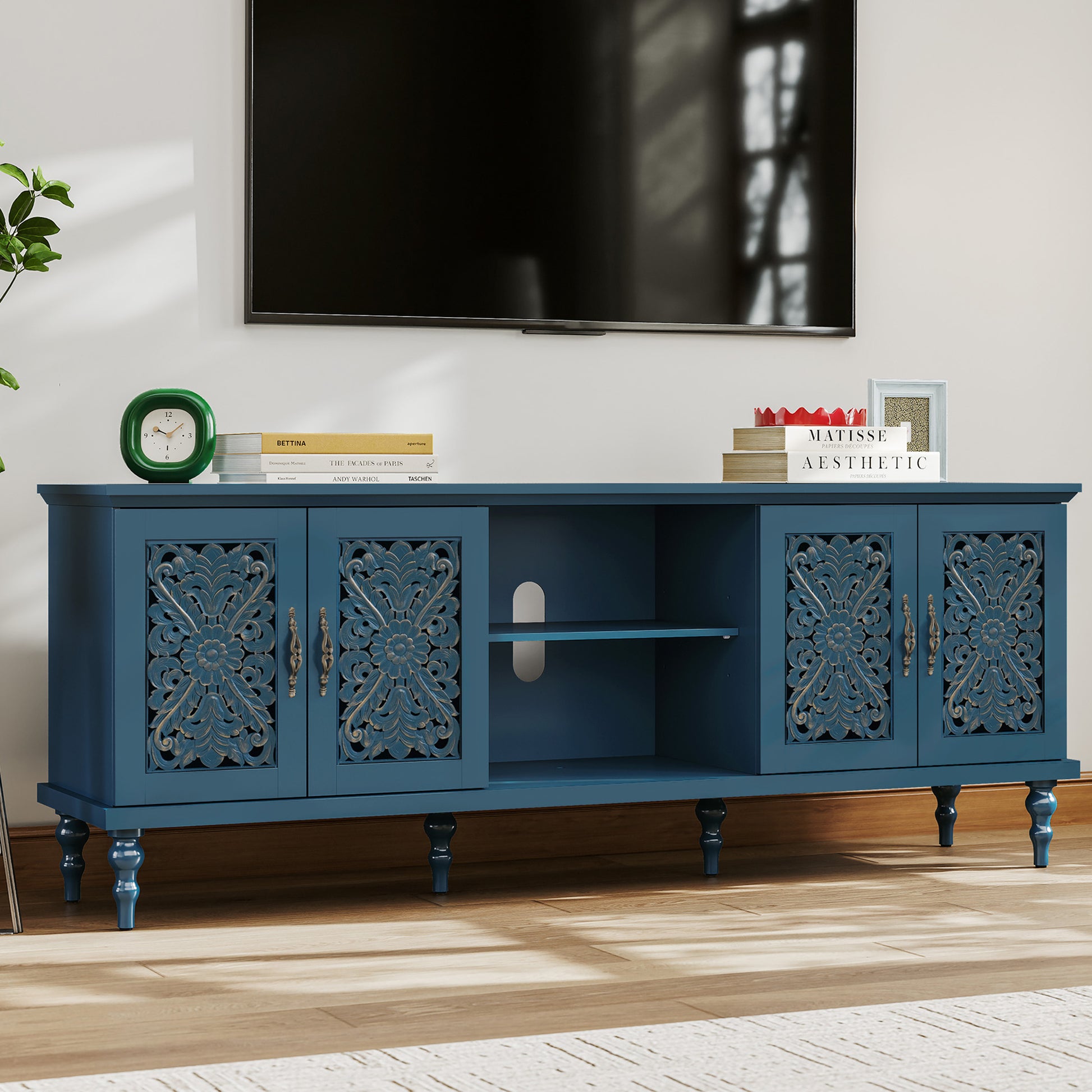 HLR Retro 67" TV Stand, for TVs up to 75", Living Room Entertainment Center with Carved Storage Cabinet, Blue
