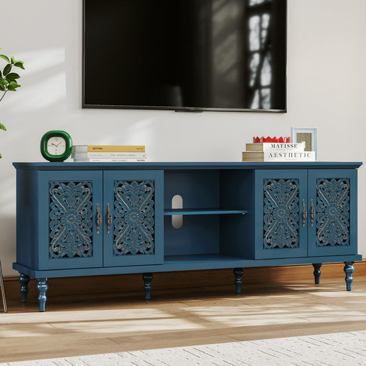 HLR Retro 67" TV Stand, for TVs up to 75", Living Room Entertainment Center with Carved Storage Cabinet, Blue