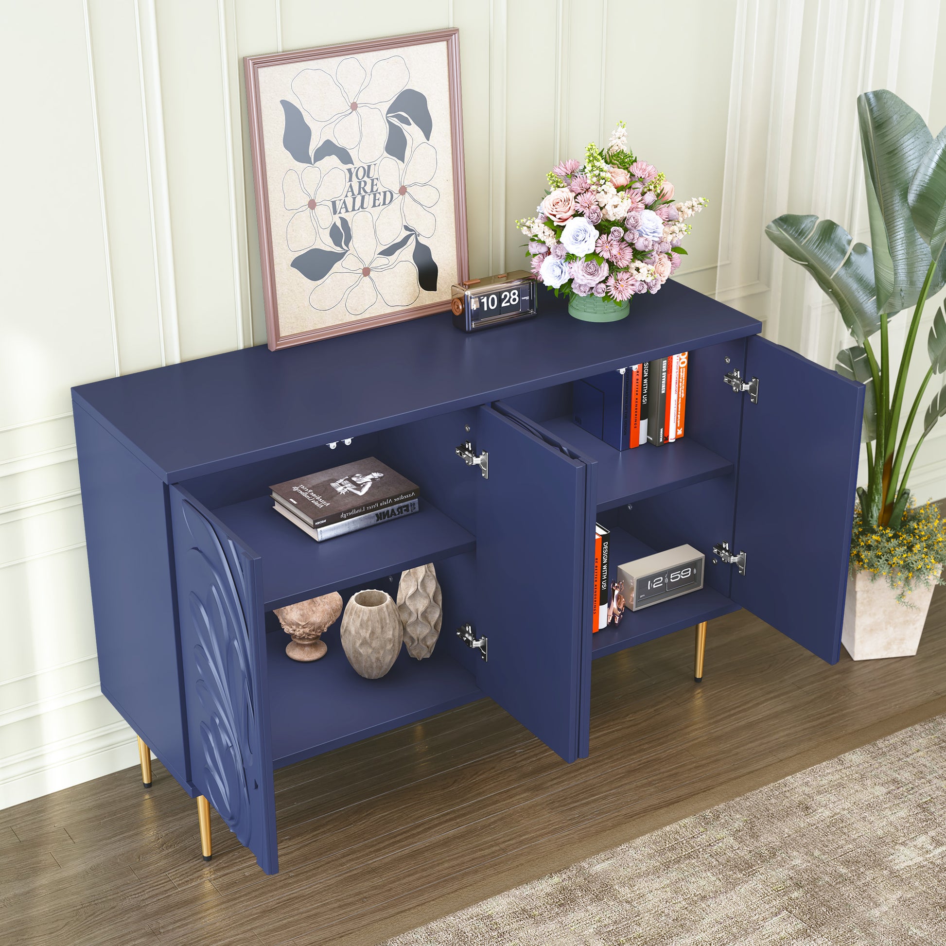 CBJCBJ 47.24"W Modern 4-Door Credenza with 3D Floral Doors & Shelves, Storage Sideboard for Dining Room, Kitchen,Blue