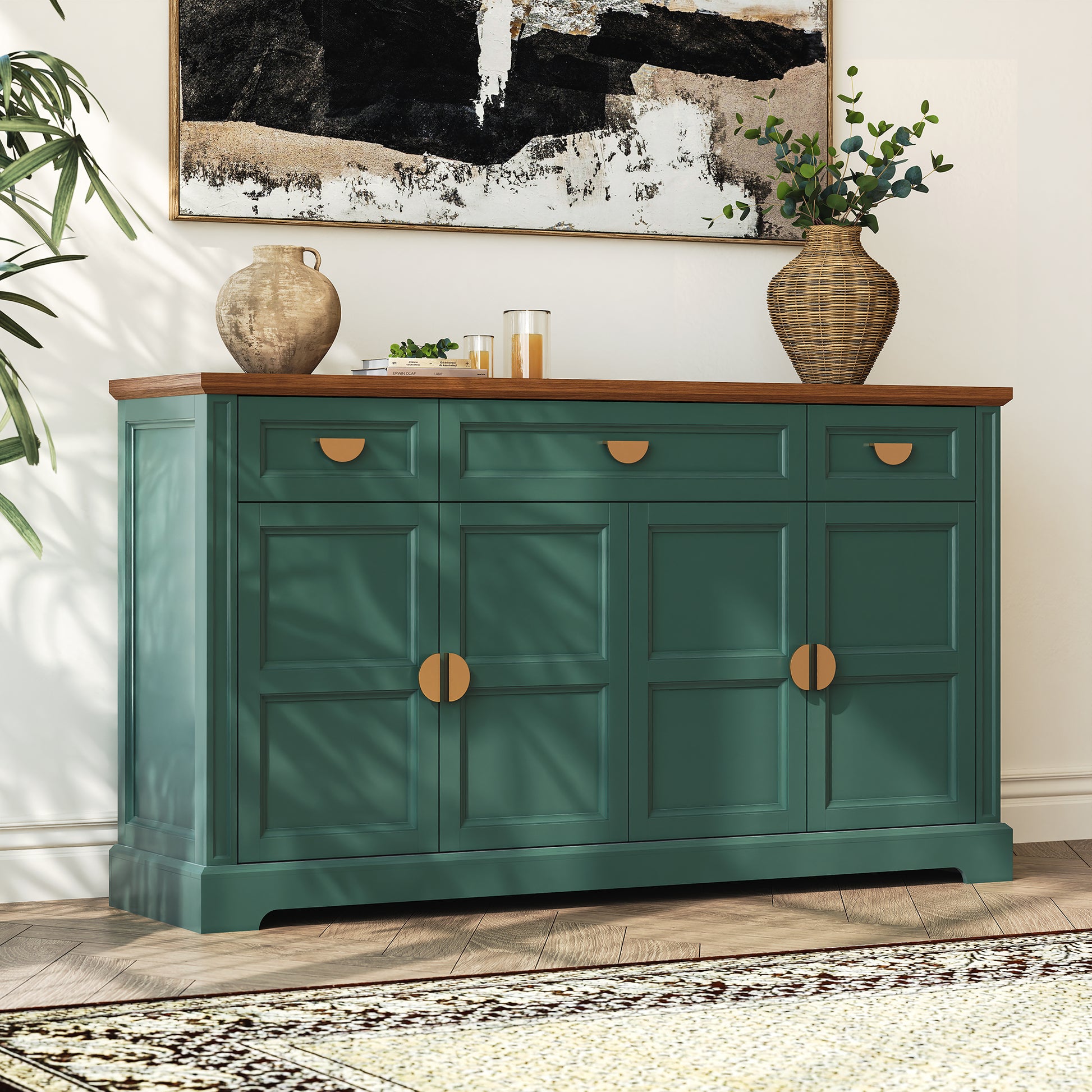 CBJCBJ Modern 60" Large Sideboard Storage Cabinet with Drawers, Farmhouse Wooden Coffee Bar, Green
