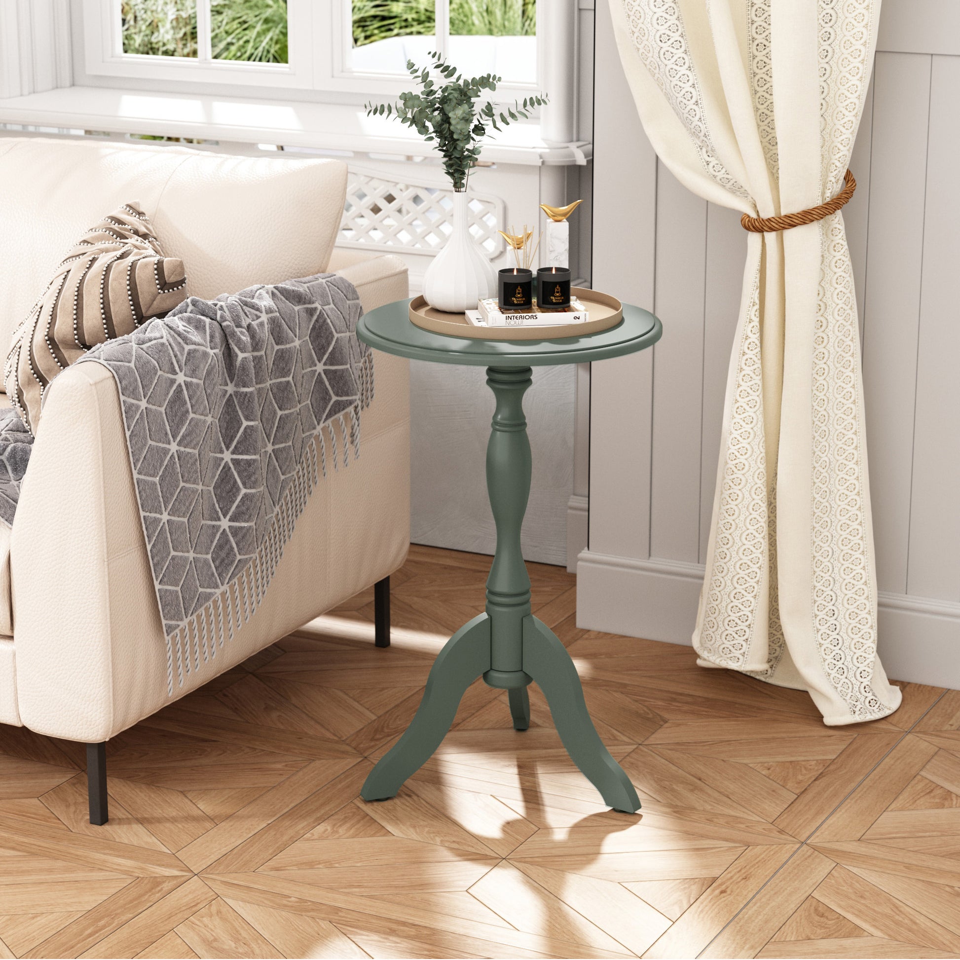 HLR Round Small End Table, Wooden Pedestal Side Coffee Table, Vintage Accent Nightstand for Living Room, Entryway, Green