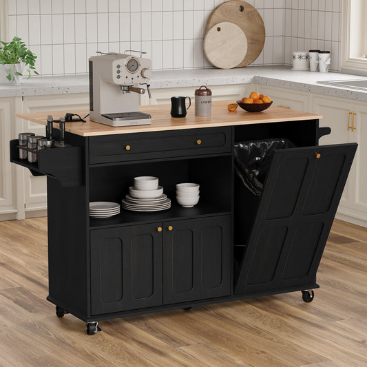 HLR Mid-Century 60" Kitchen Island with Trash Can Storage, Rolling Island Table, Black