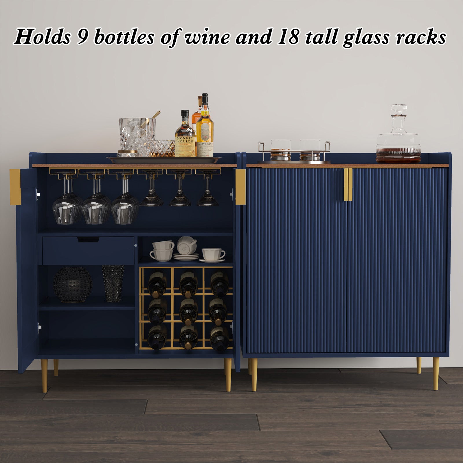 HLR 32"W Wine Bar Cabinet with 2 Door Fluted Texture, Modern Coffee Cabinet with Rack&Glass Holder, Blue