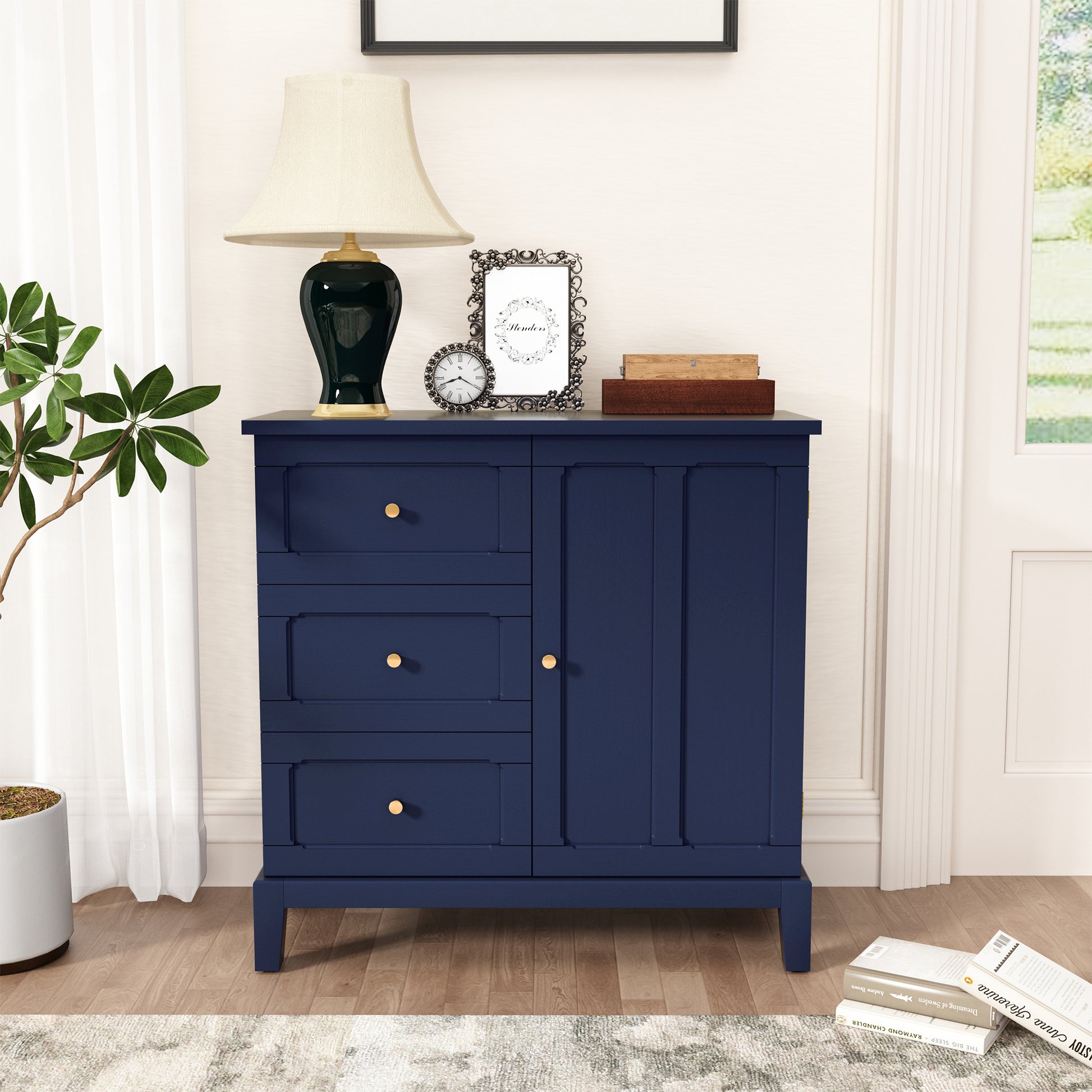 CBJCBJ 31.7"Storage Cabinet, Classical 3 Drawers & 1 Door Design with Gold-Tone Handles, Multi-Use Organizer for Living Room, Kitchen, Bathroom