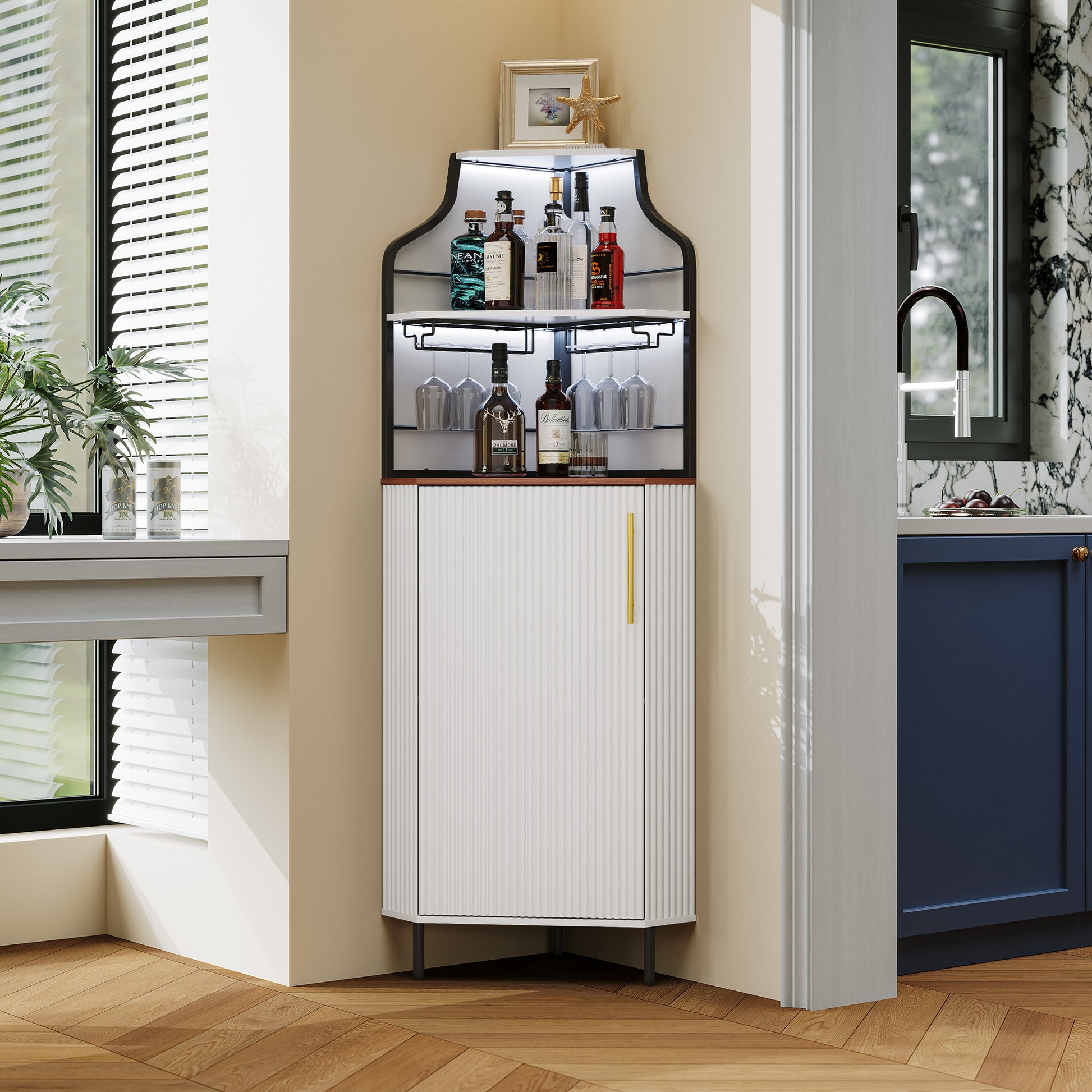 CBJCBJ Corner Coffee Bar Cabinet with LED Strip, Modern Wine Bar Cabinet with Cup Rack, for Dining Room,White