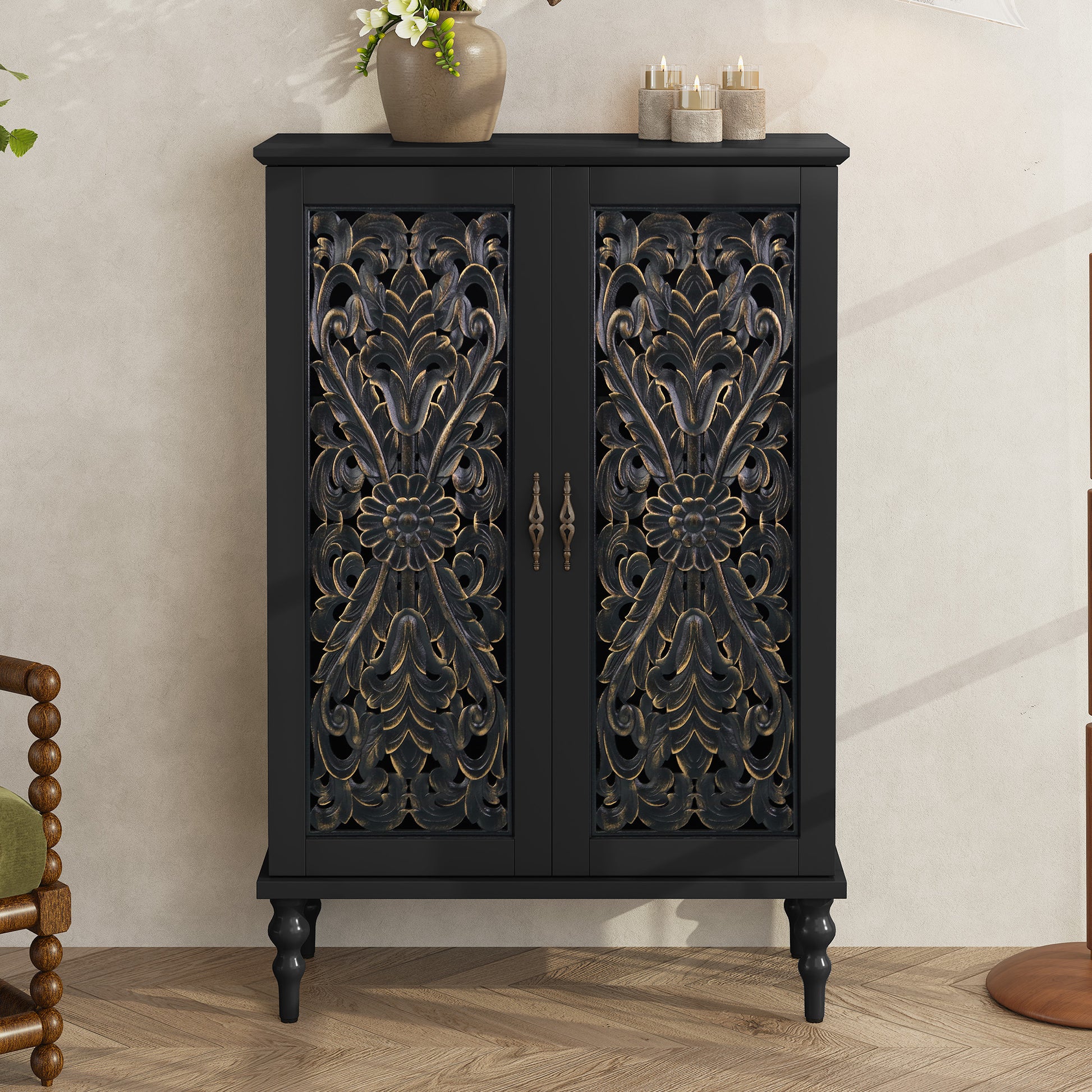HLR Buffet Cabinet with Storage Accent Sideboard, Modern Hollow 2 Doors Credenza for Dining Room, Black