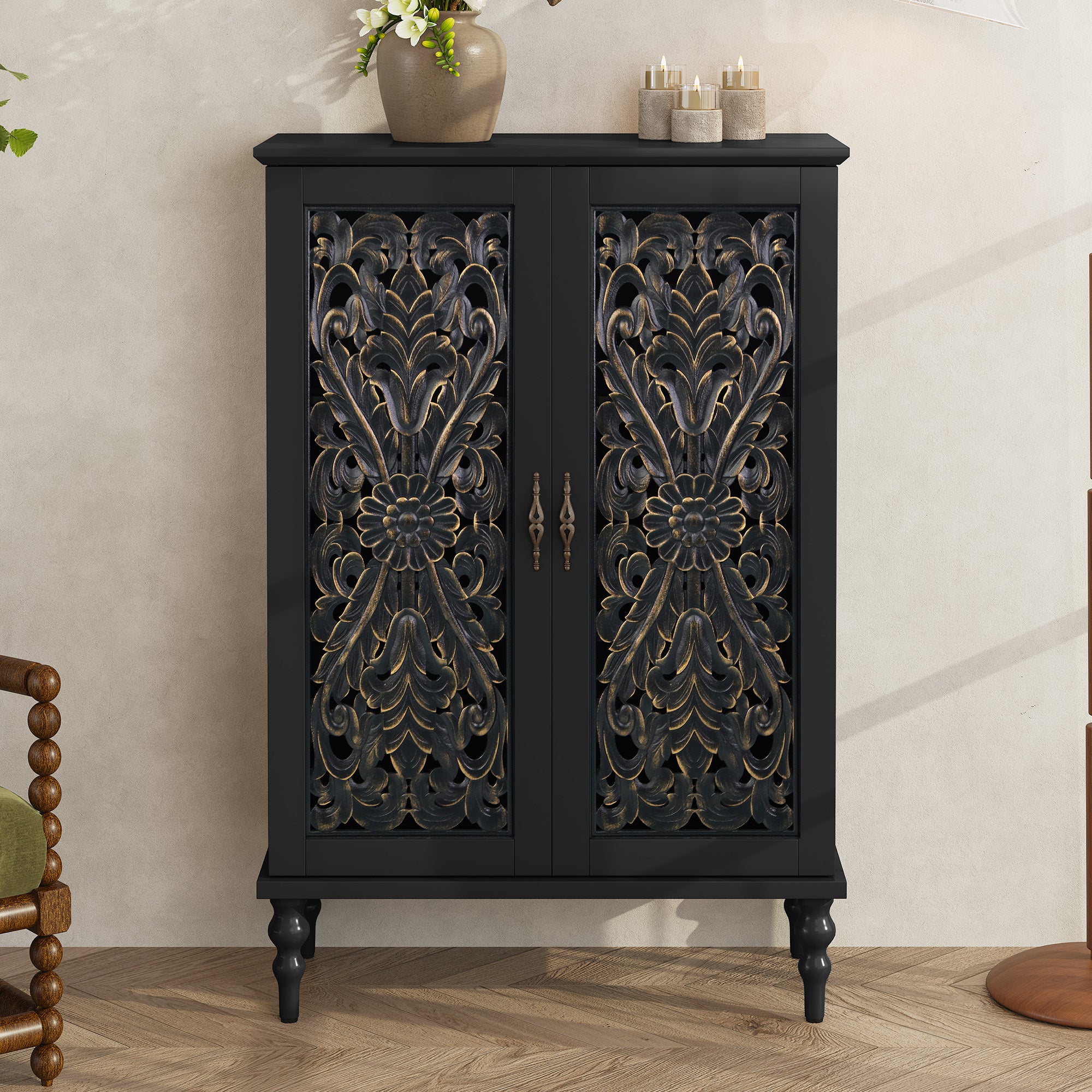HLR Buffet Cabinet with Storage Accent Sideboard, Modern Hollow 2 Doors Credenza for Dining Room, Black
