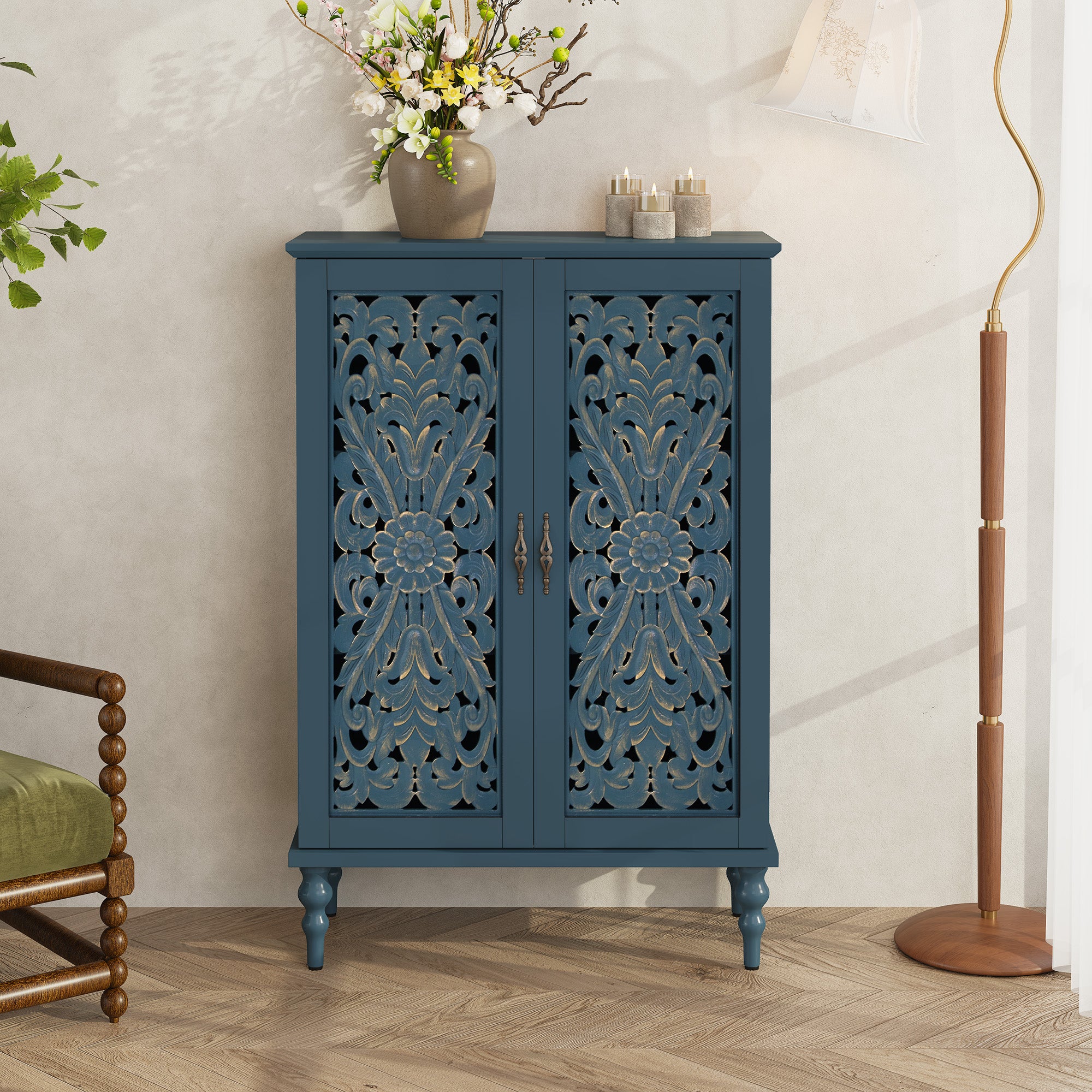 HLR Buffet Cabinet with Storage Accent Sideboard, Modern Hollow 2 Doors Credenza for Dining Room, Blue