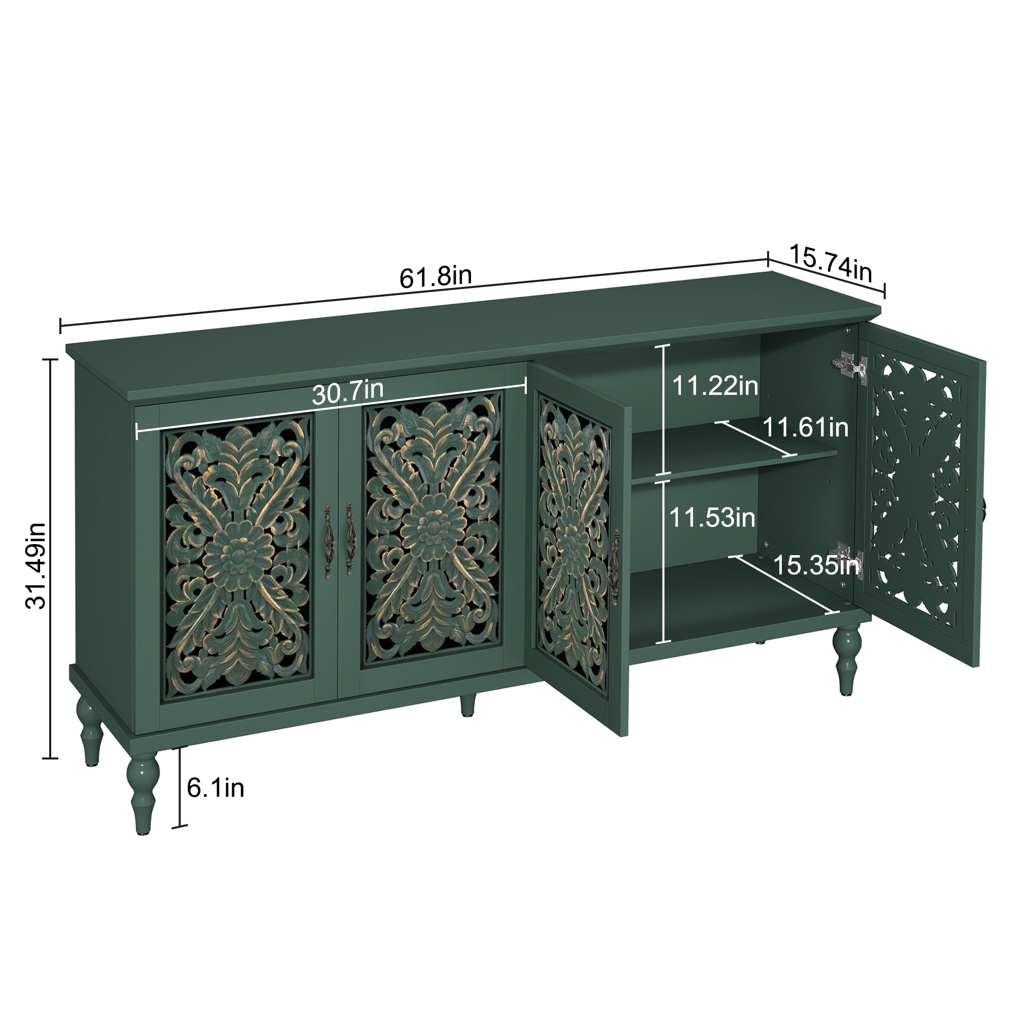 CBJCBJ 63" Mid Century Retro Sideboard Buffet Cabinet 4 Door, Accent Cabinet for Dining Room,Green
