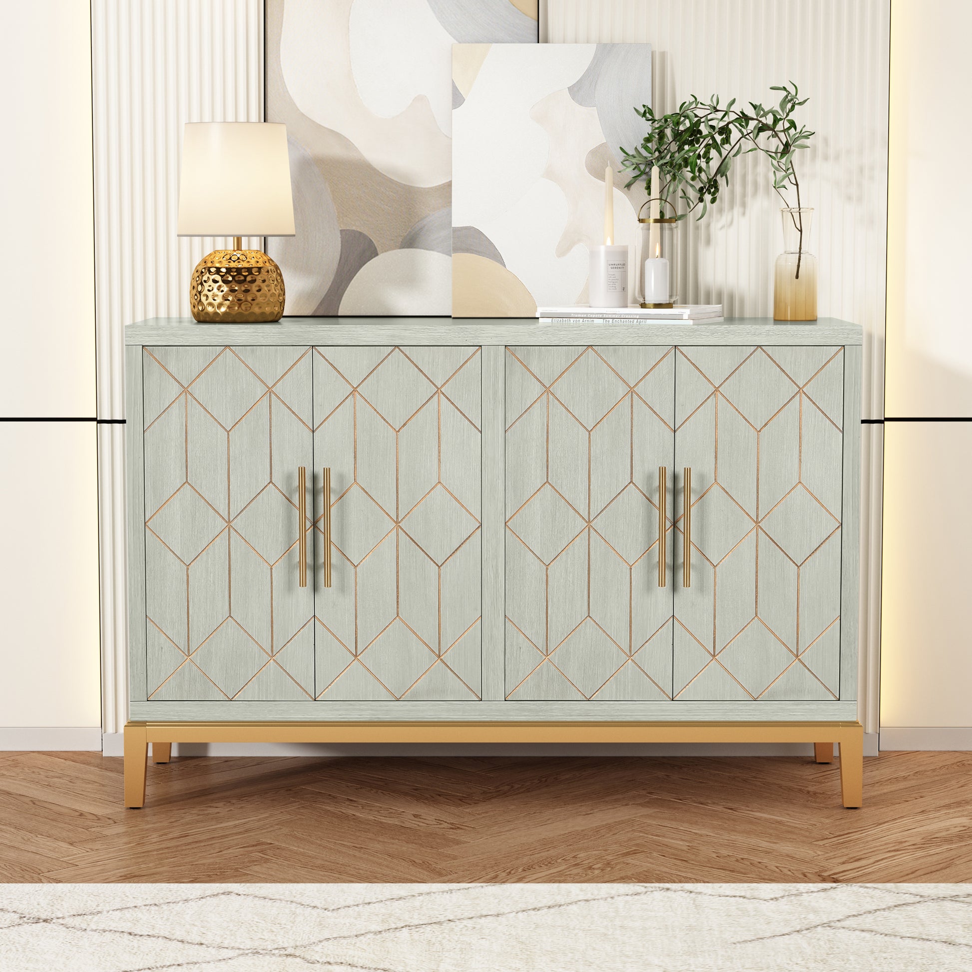 HLR 48" Modern Wood Credenzas & Sideboards with Gold Trim, Storage Cabinet with 4 Doors, Green