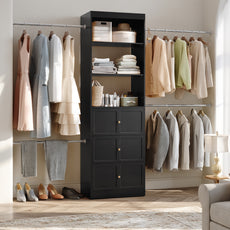 HLR Open Wardrobe Closet System with Adjustable Hanging Rods, Storage Cabinet with Drawers and Shelves, Black