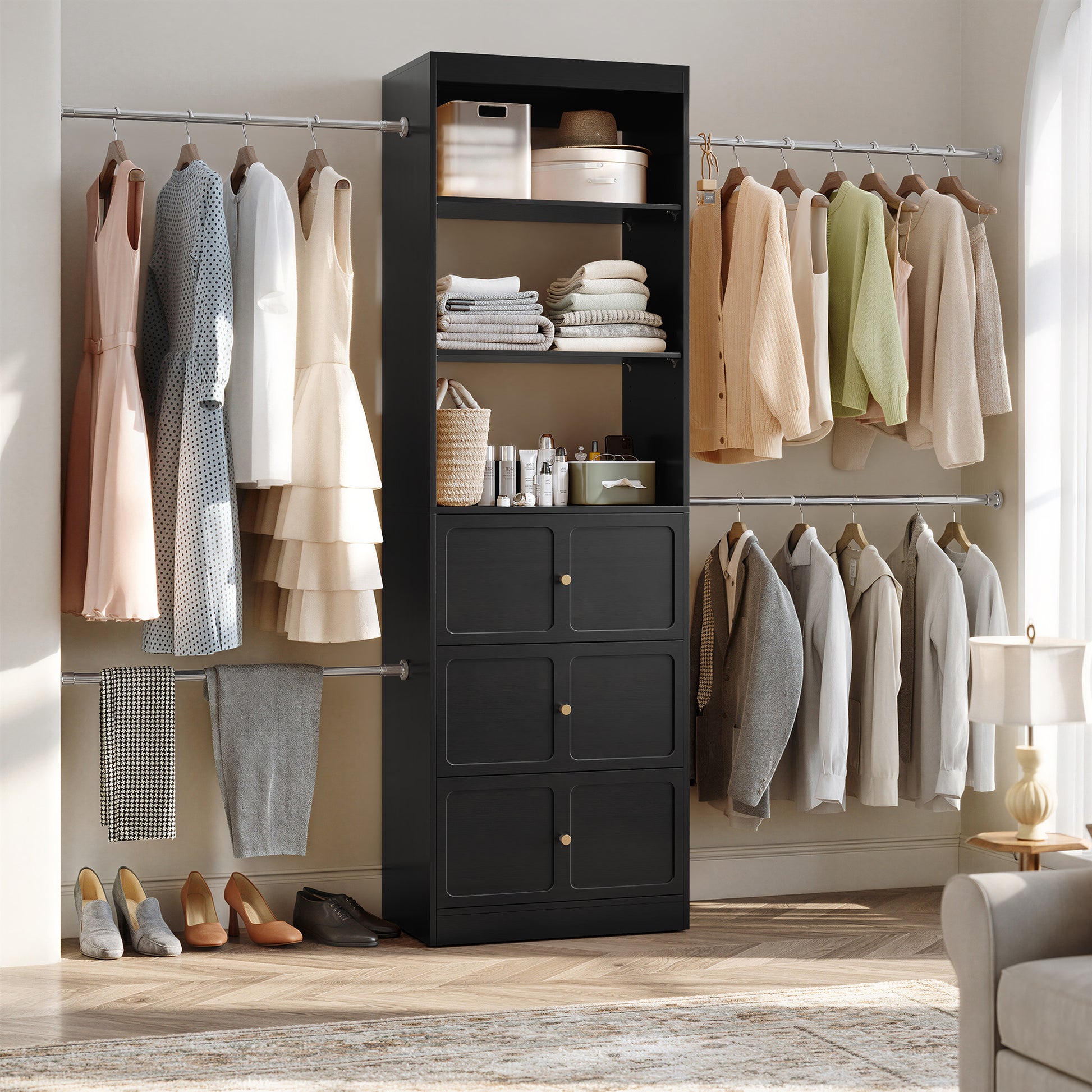 HLR Open Wardrobe Closet System with Adjustable Hanging Rods, Storage Cabinet with Drawers and Shelves, Black