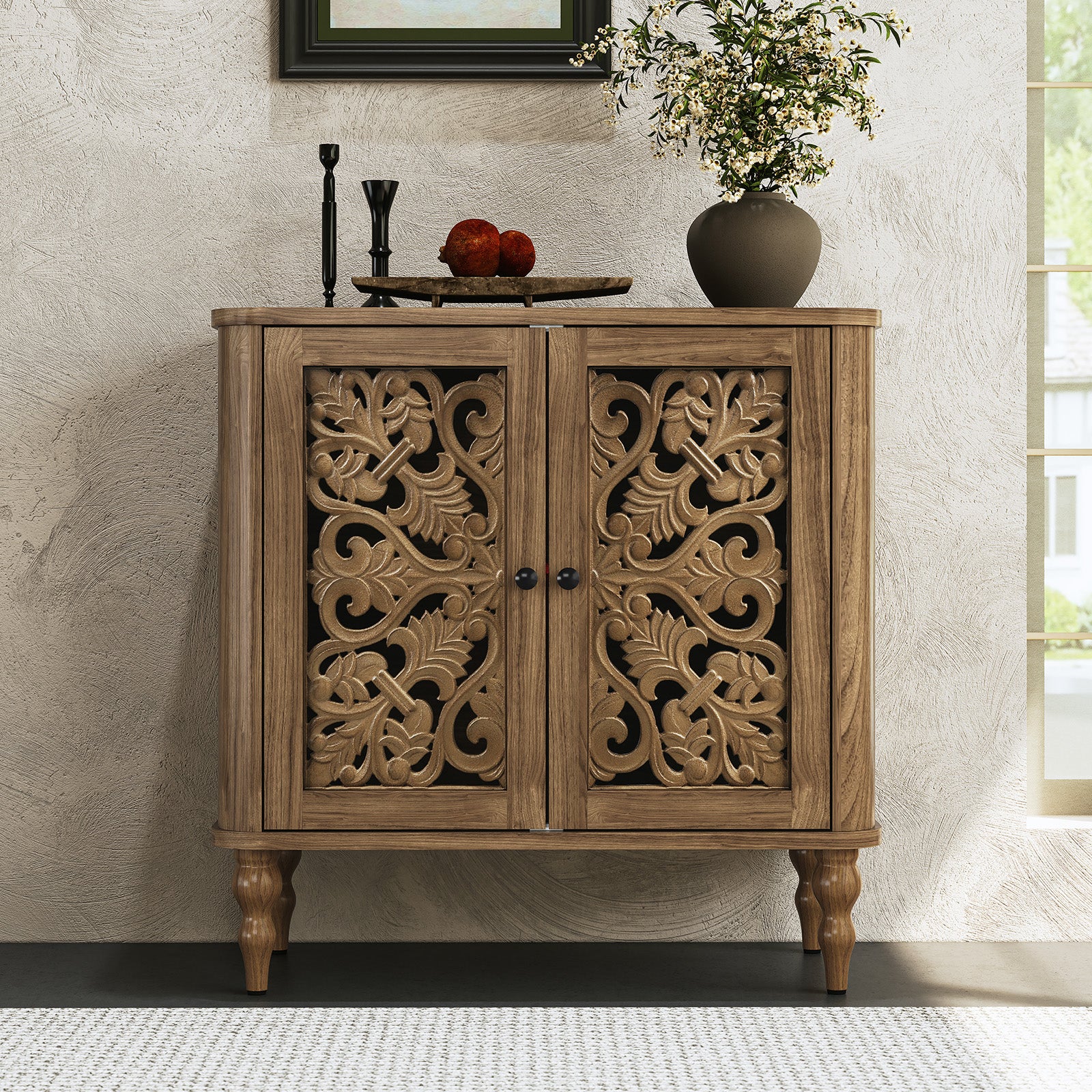 HLR 31.5"W Mid Century Rounded Corners Sideboards Buffets Cabinet with 2 Doors Storage for Kitchen Dining, Brown