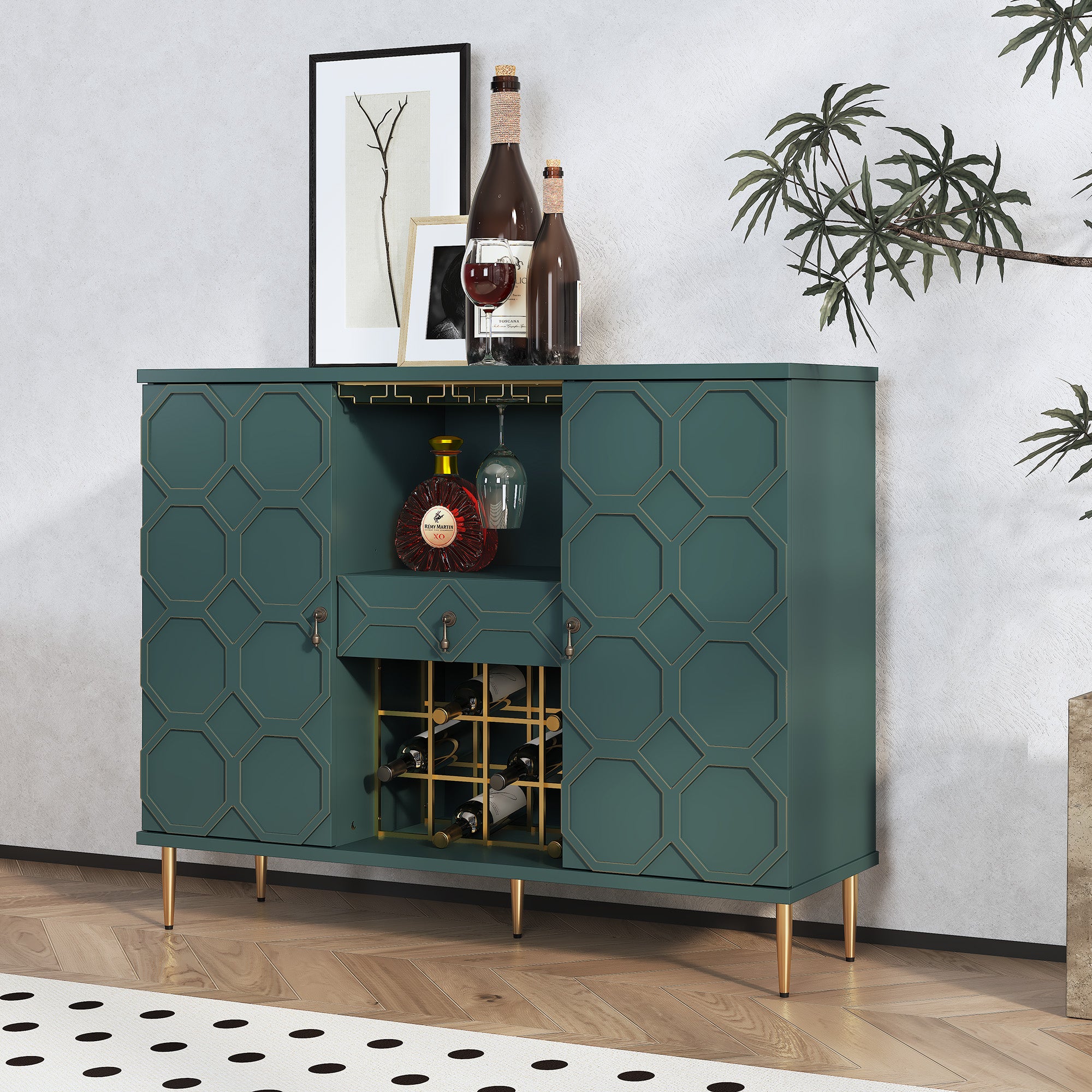 HLR Modern 47.2" Wine Bar Cabinet with Drawer, Geometric Door Buffet Sideboard Coffee Bar for Kitchen, Green