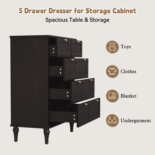CBJCBJ 31.5" 5 Drawers Dressers, Large Floor Mid-Century Chest of Drawers for Bedroom, Hallway, Black