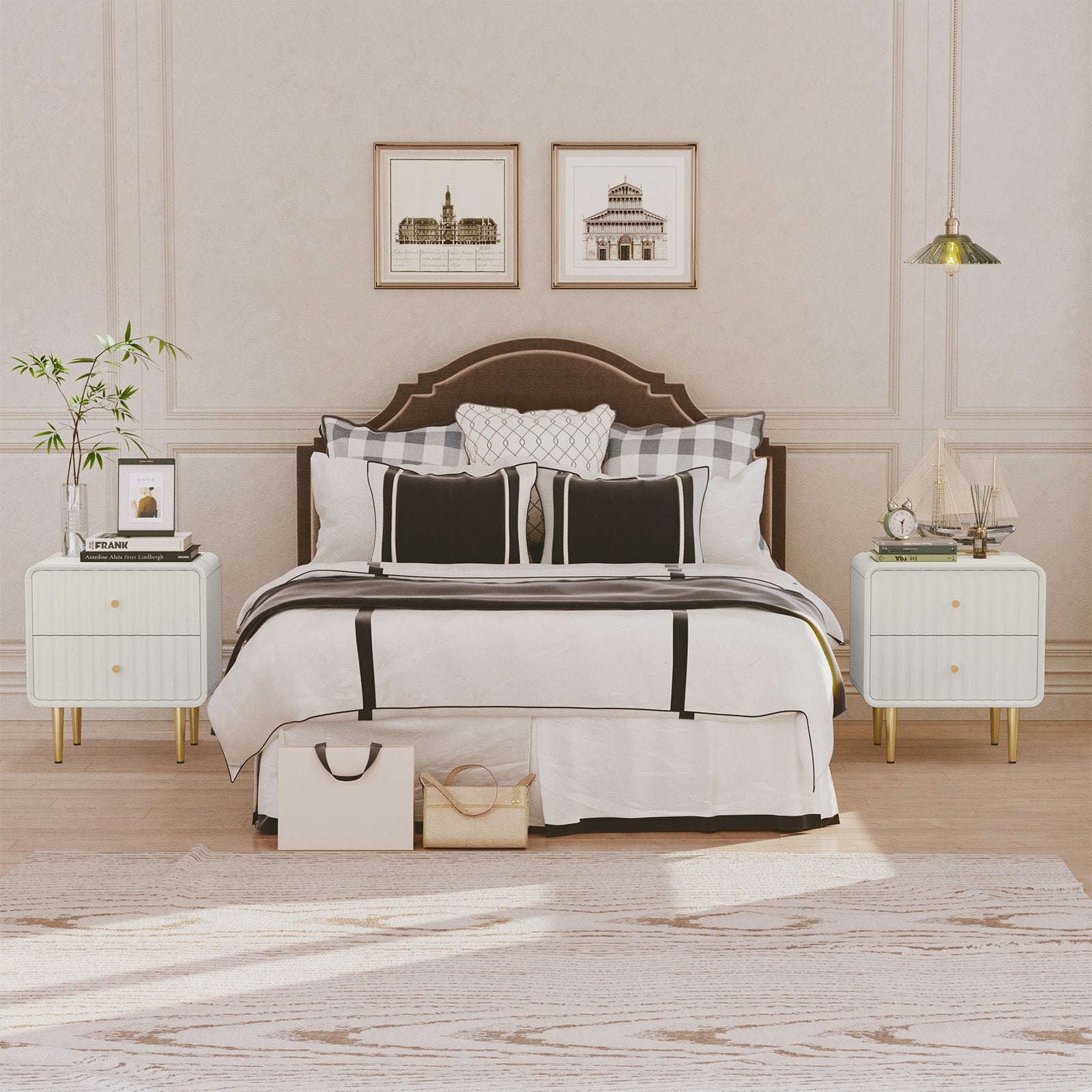 CBJCBJ Modern Bedroom Nightstand Set of 2, 20" Wood Bedside Table with 2 Drawers and Gold Handles, White
