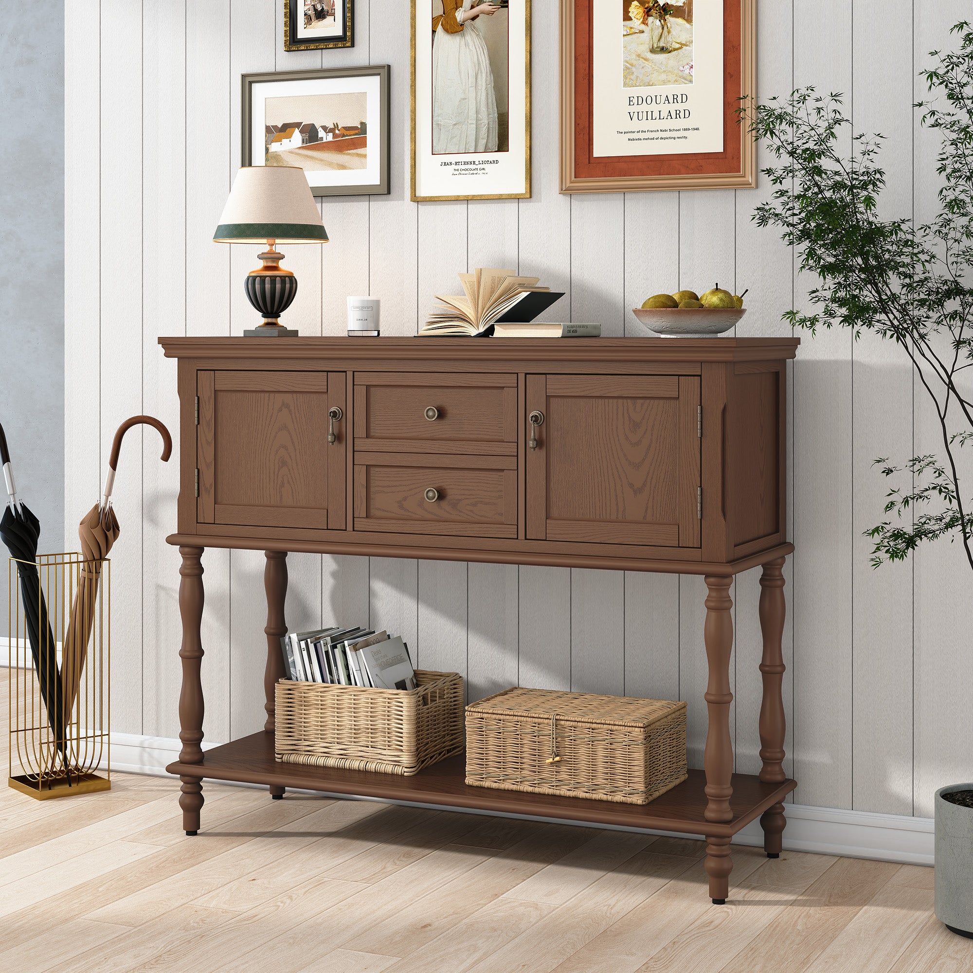 HLR 42" Farmhouse Modern Console Table, Entryway Table with Storage Shelf for Living Room, Brown