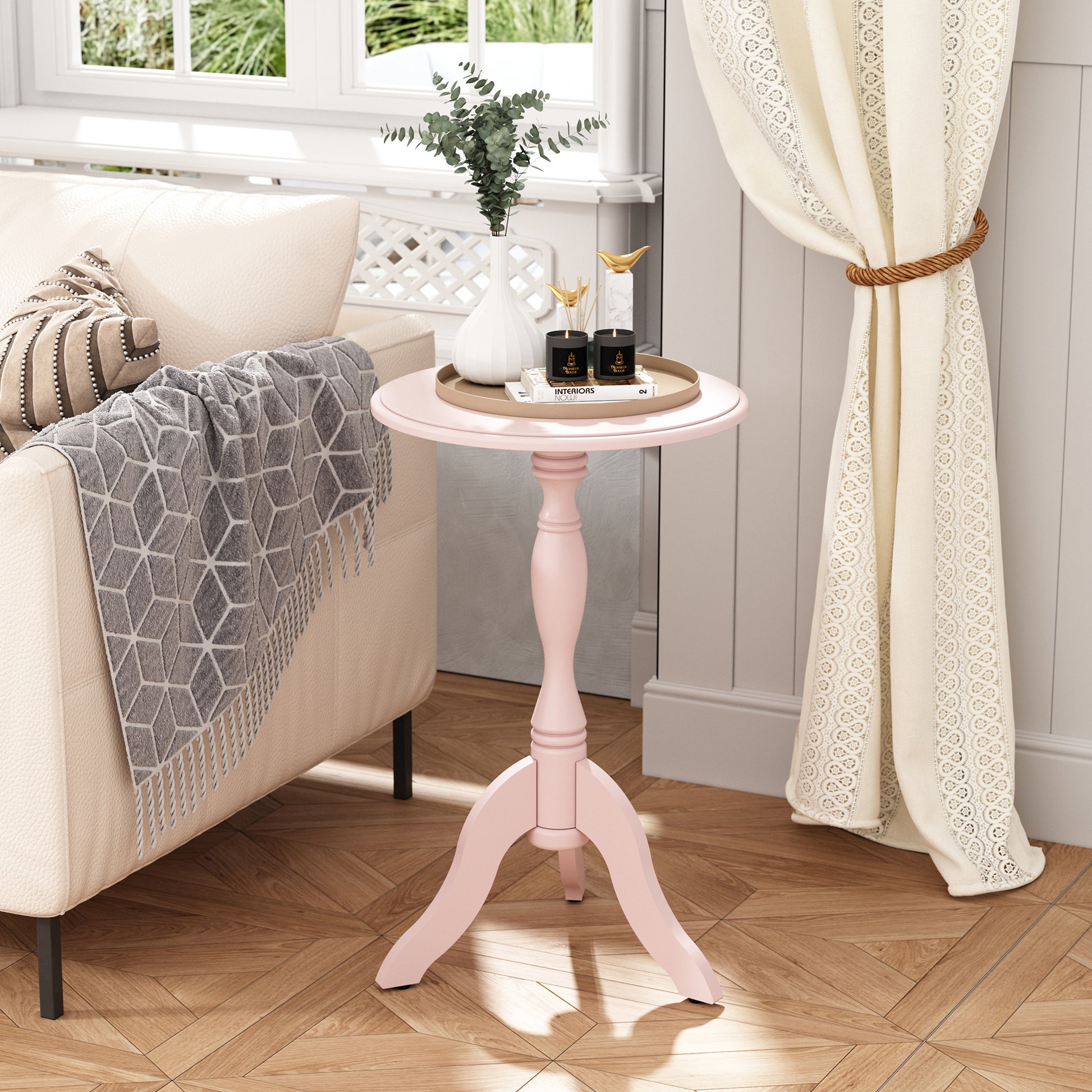 HLR Round Small End Table Set of 2, Wooden Pedestal Side Coffee Table, 2pcs Vintage Accent Nightstand for Living Room, Bedroom, Entryway, Pink