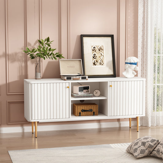 HLR Modern Fluted 55" TV Stand for 65 Inch TV with Storage, Entertainment Center for Living Room, White