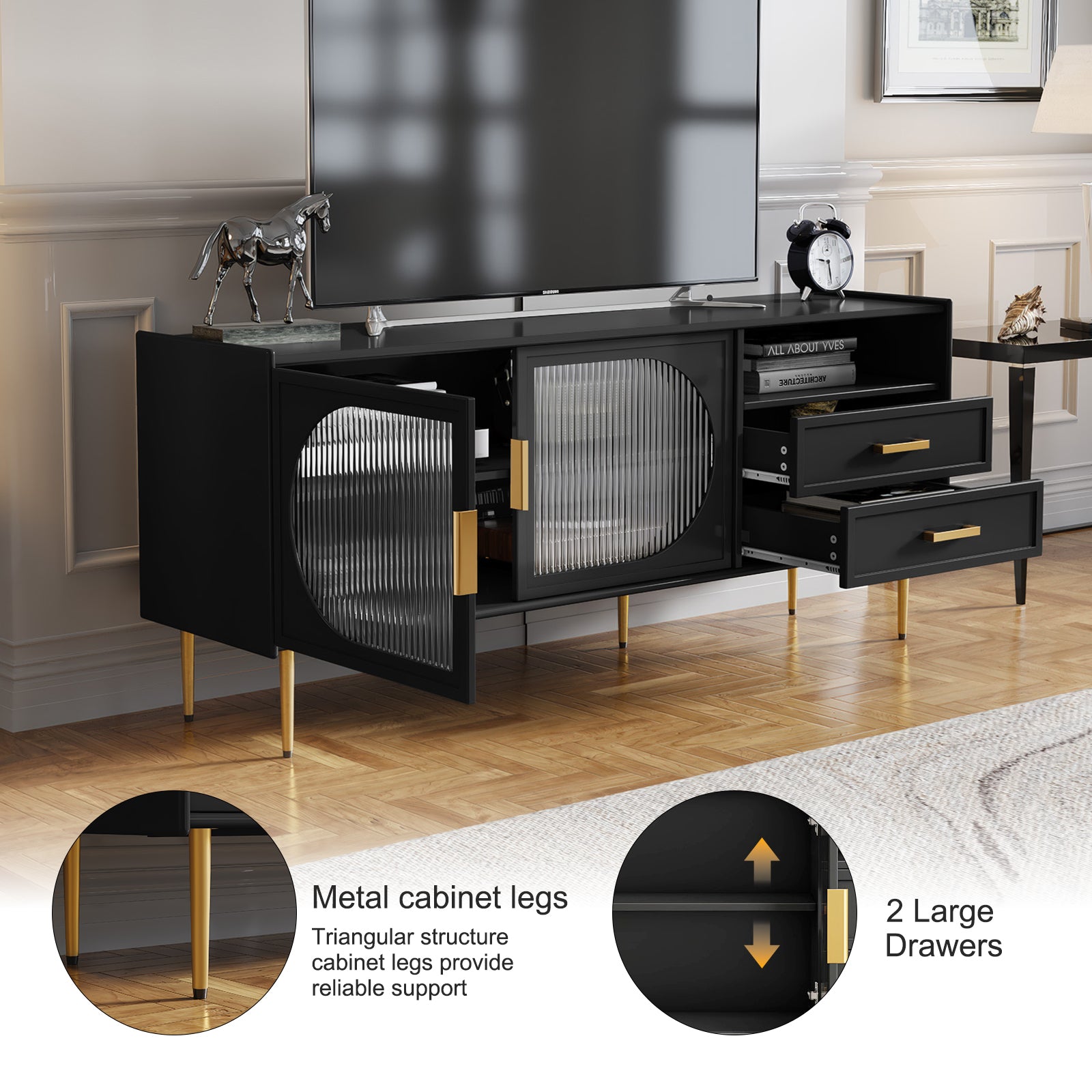 CBJCBJ 60.1" Modern Glass Door TV Stand with 2 Drawers & Adjustable Shelf | Entertainment Center for TVs up to 70 Inch | 4-Compartment Media Console Storage(BLACK)