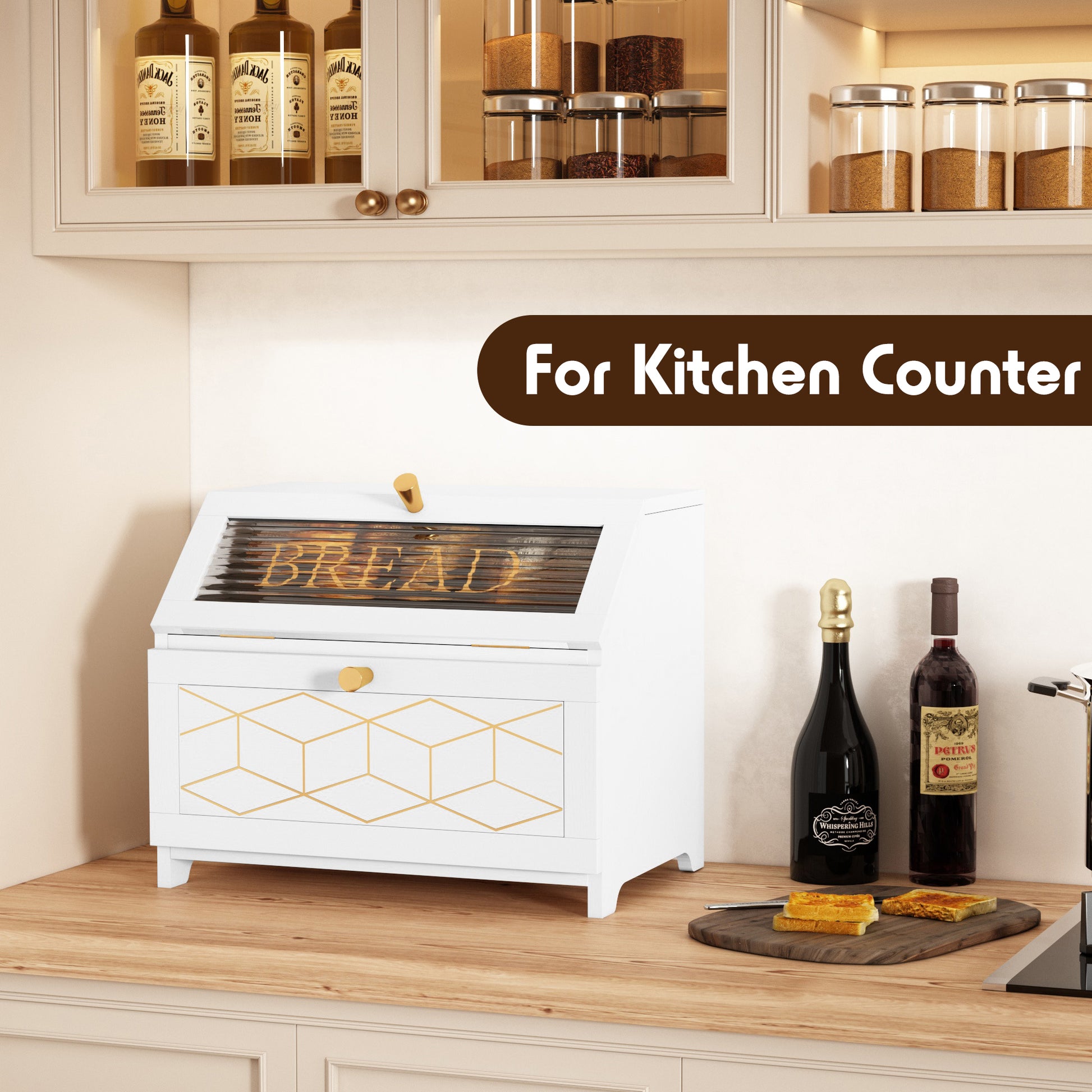 HLR Large Bread Box, Wood 2-layer Bread Box Storage for Kitchen Counter, with Bar Pattern Windows, White